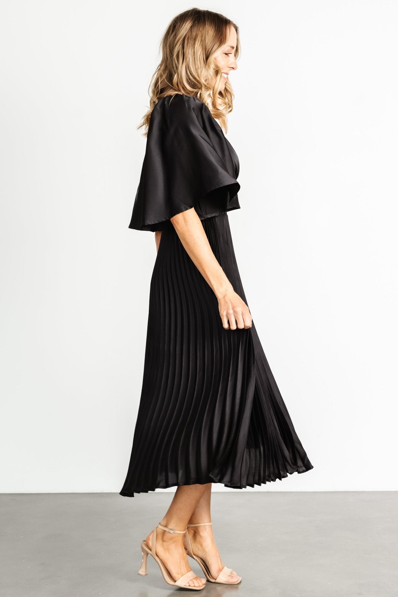 Black Pleated V-Neck Dress with Flutter Sleeves – Aubree by Baltic Born