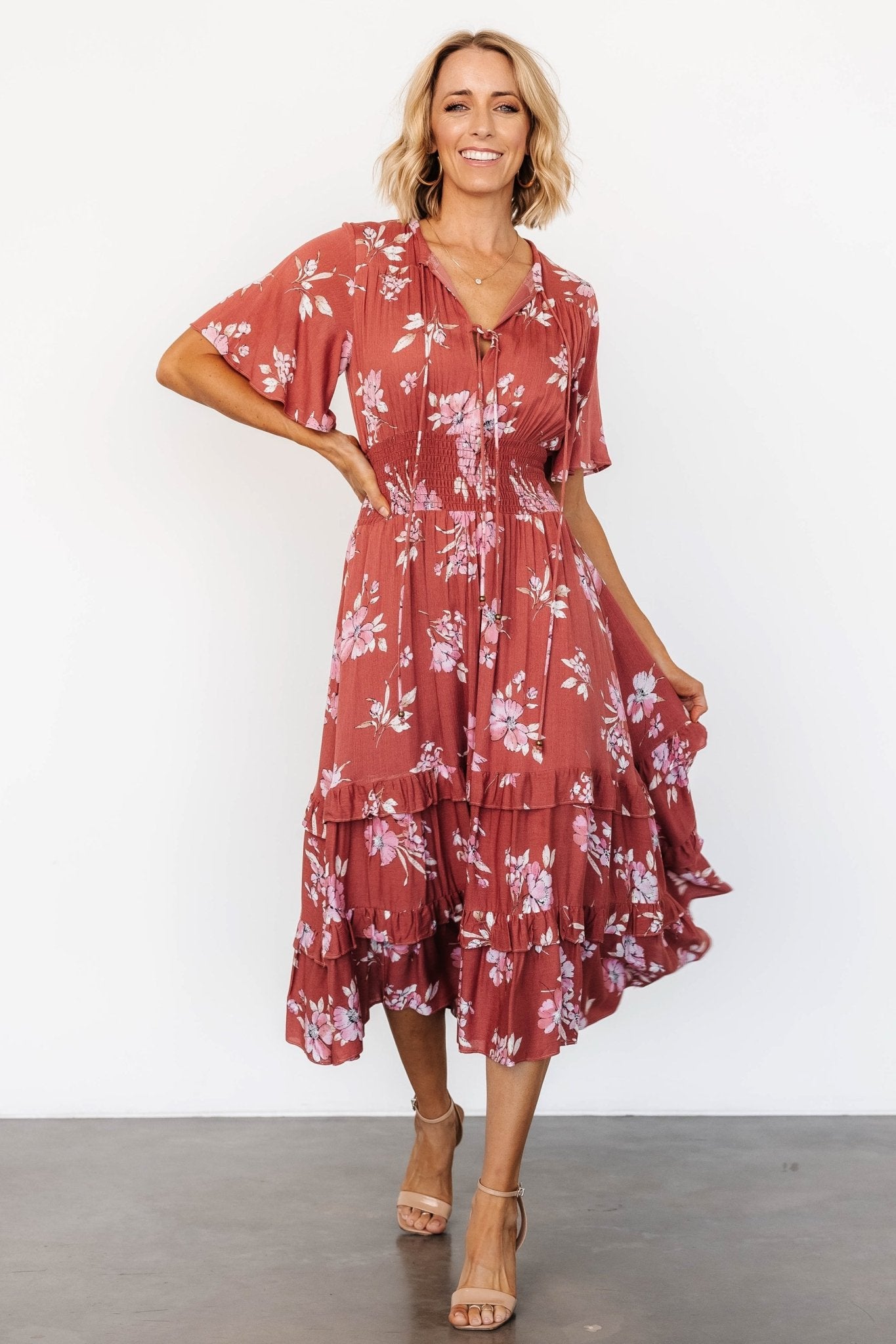 Baltic Born Boho Floral Midi Dress in Terracotta
