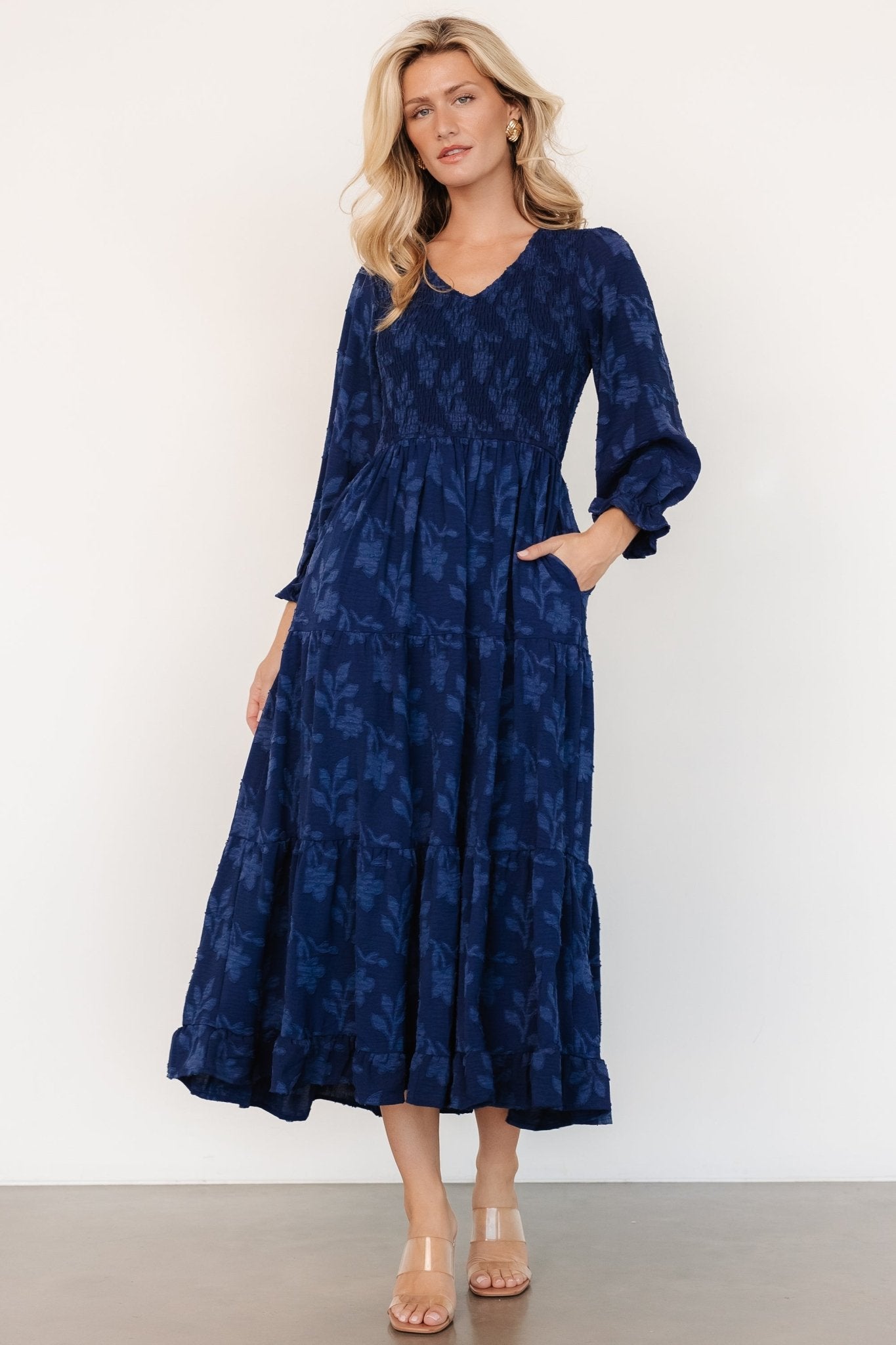 Aubrey Navy Floral Smocked Midi Dress with Pockets | Bump Friendly