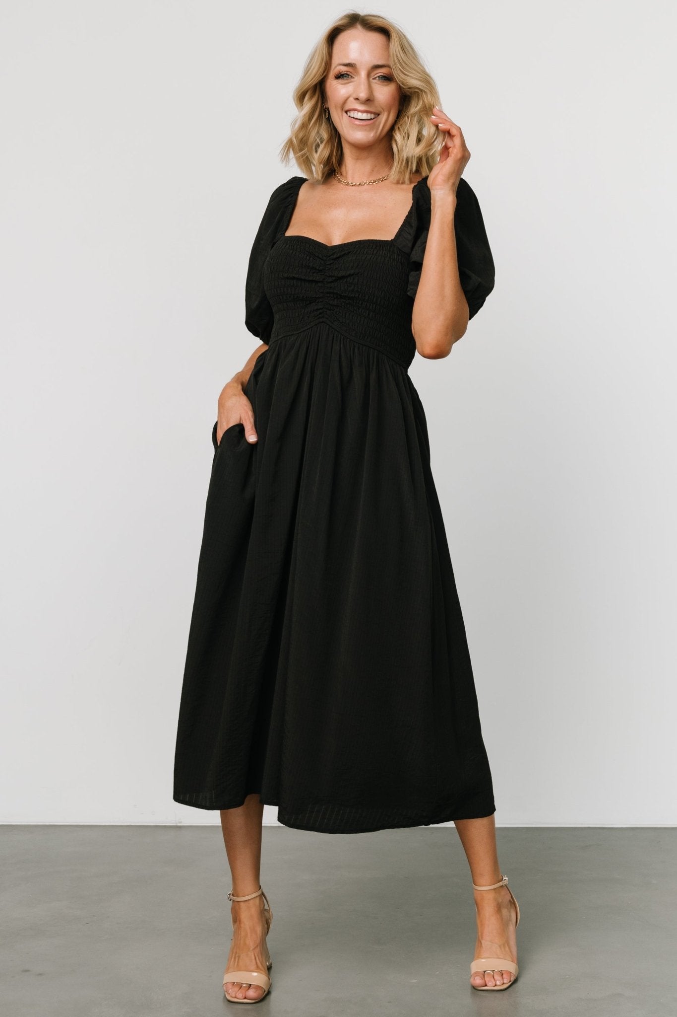 Stefania Black Midi Dress with Sweetheart Neckline & Pockets