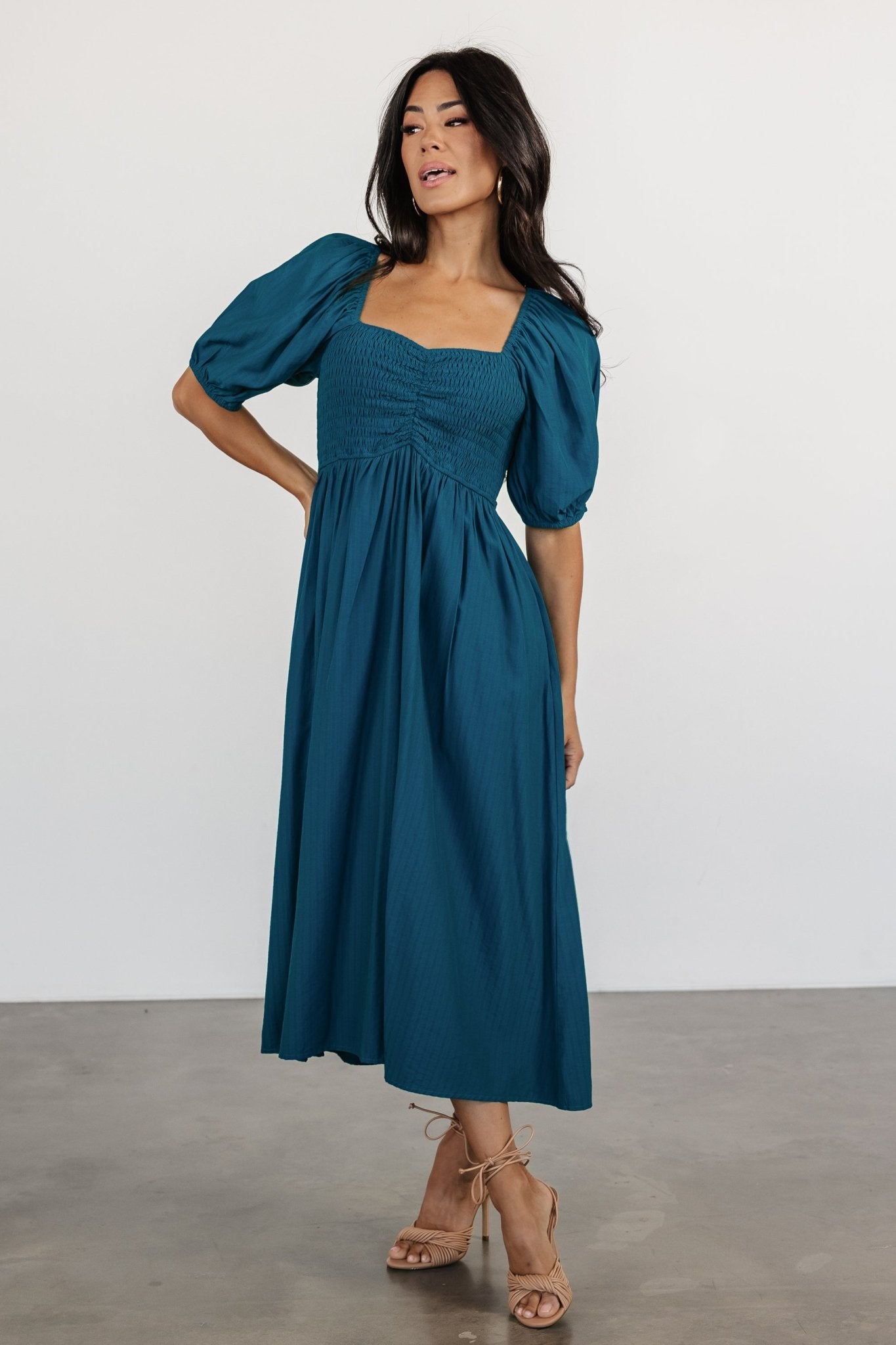 Stefania Blue Chiffon Midi Dress with Pockets & Sweetheart Neckline