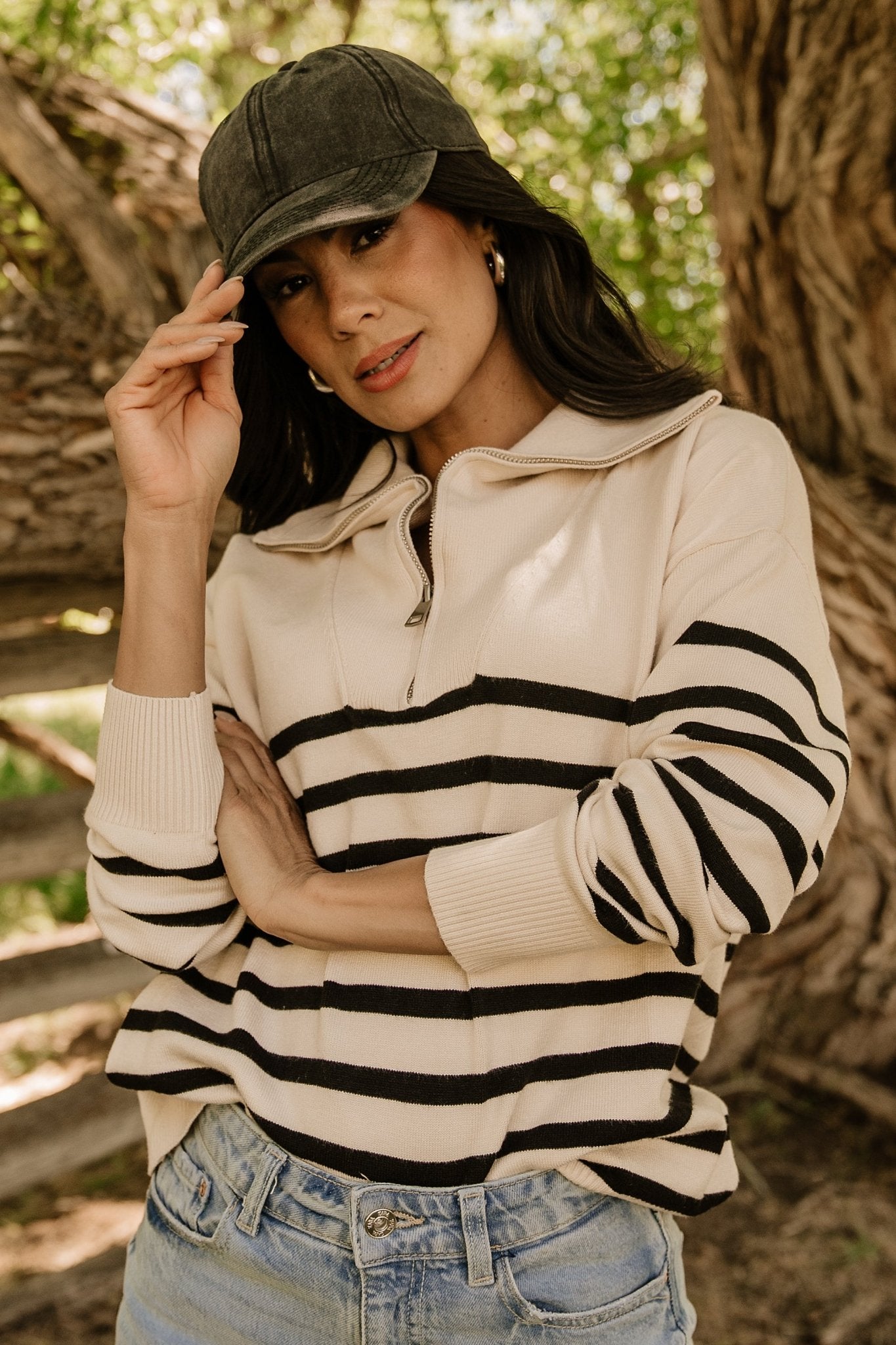 Beige & Black Striped Half Zip Sweater - Lightweight & Nursing Friendly
