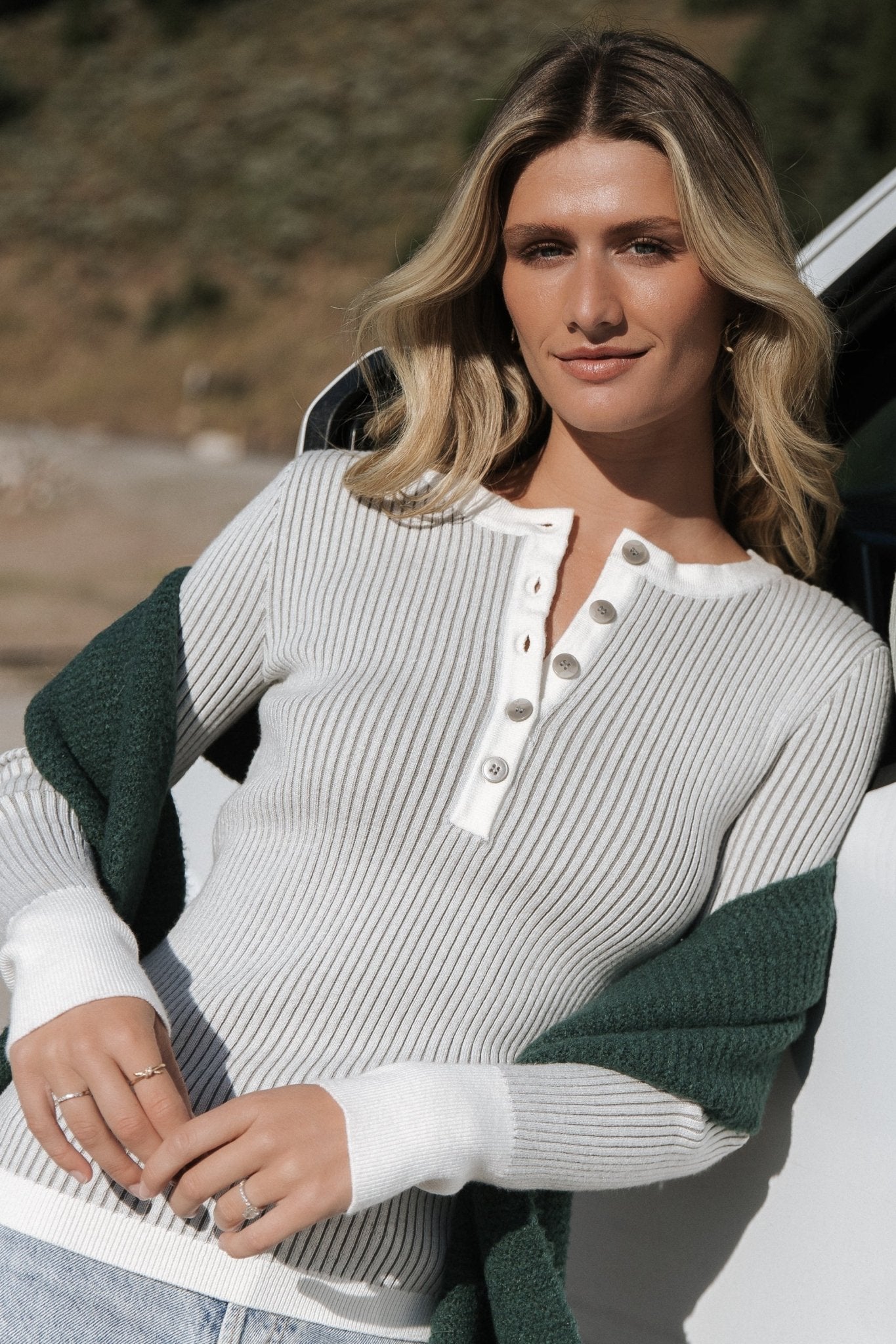 Stevie Ribbed Henley Sweater in Light Grey with White Trim