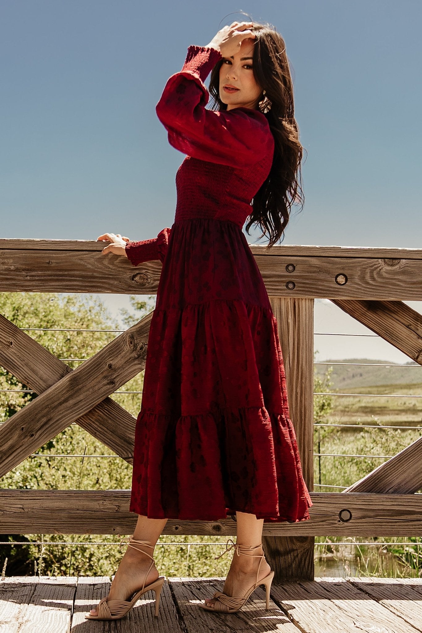 Mulberry Floral Smocked Midi Dress with Long Sleeves