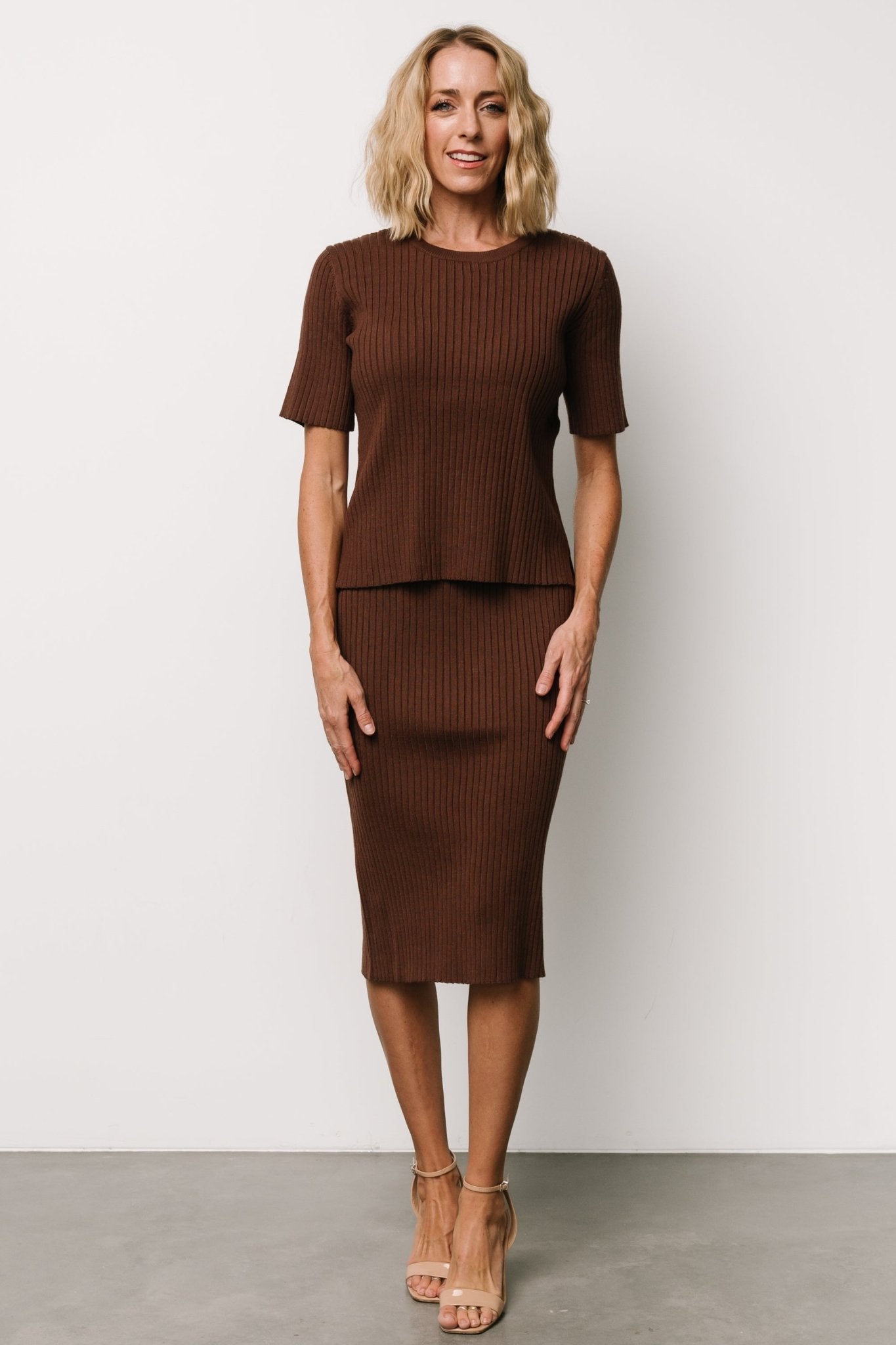 Stormi Ribbed Brown Midi Skirt - Soft Stretch Fabric