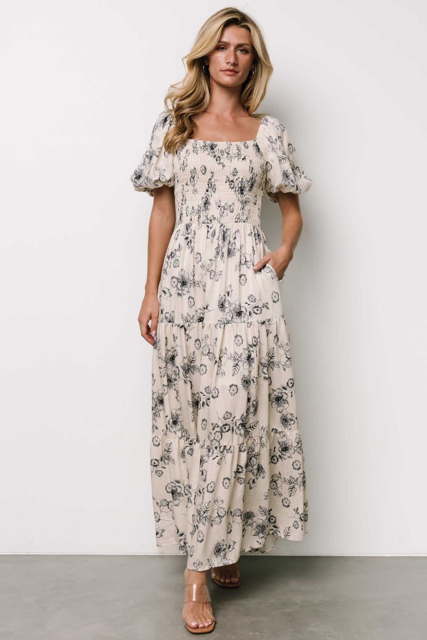 Ivory Blue Floral Smocked Maxi Dress with Pockets | Baltic Born