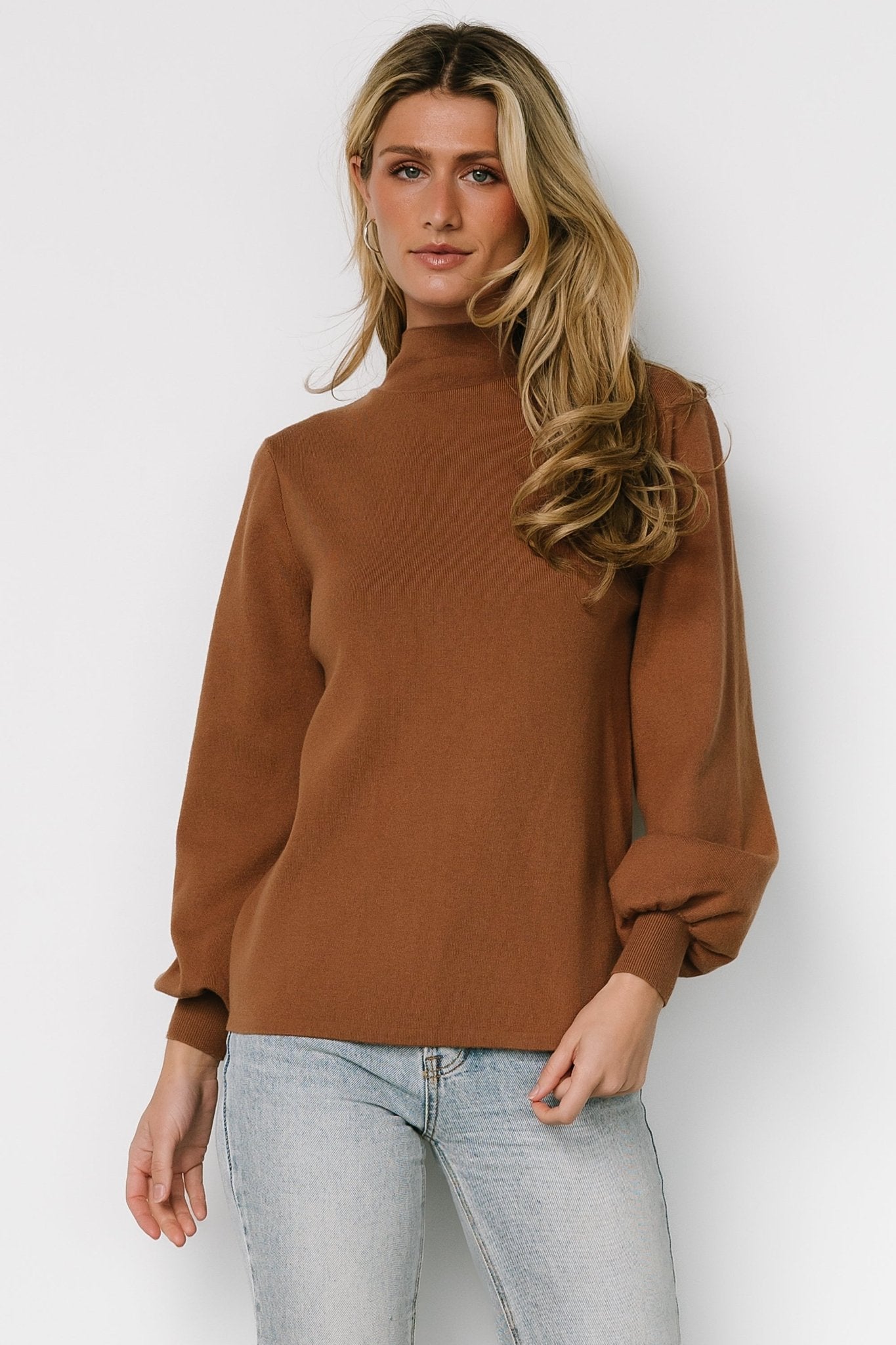 Baltic Born Sutton Knit Sweater Top - Brown Mock Neck Long Sleeve