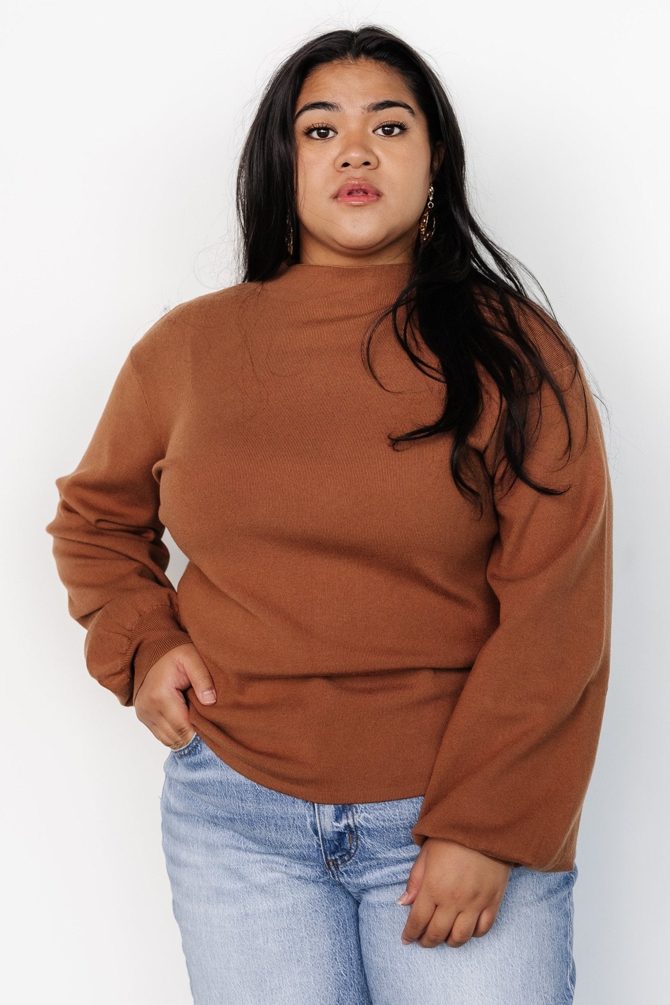 Baltic Born Sutton Knit Sweater Top - Brown Mock Neck Long Sleeve