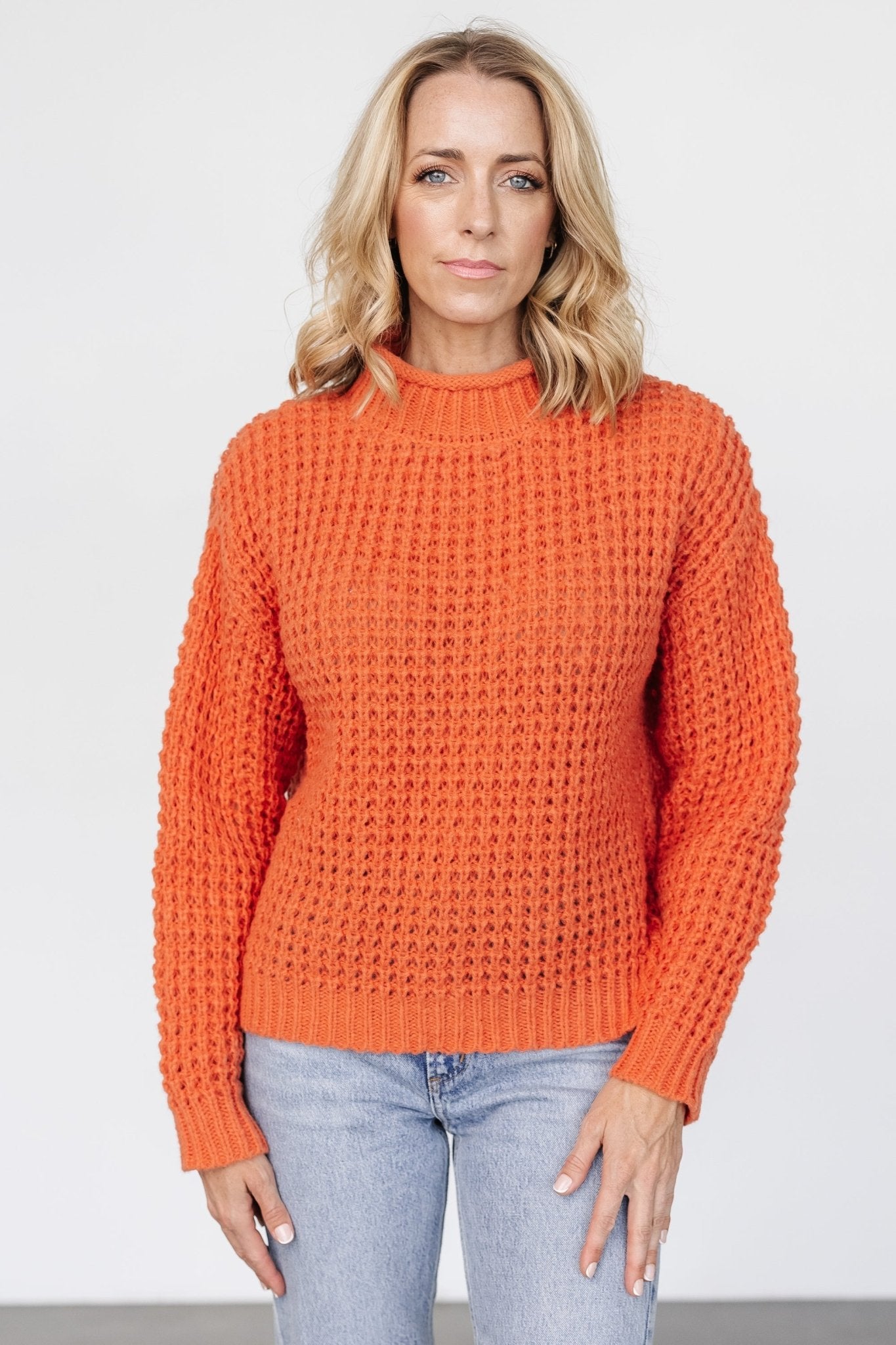 Orange Chunky Knit Sweater | Waffle-Knit Funnel Neck