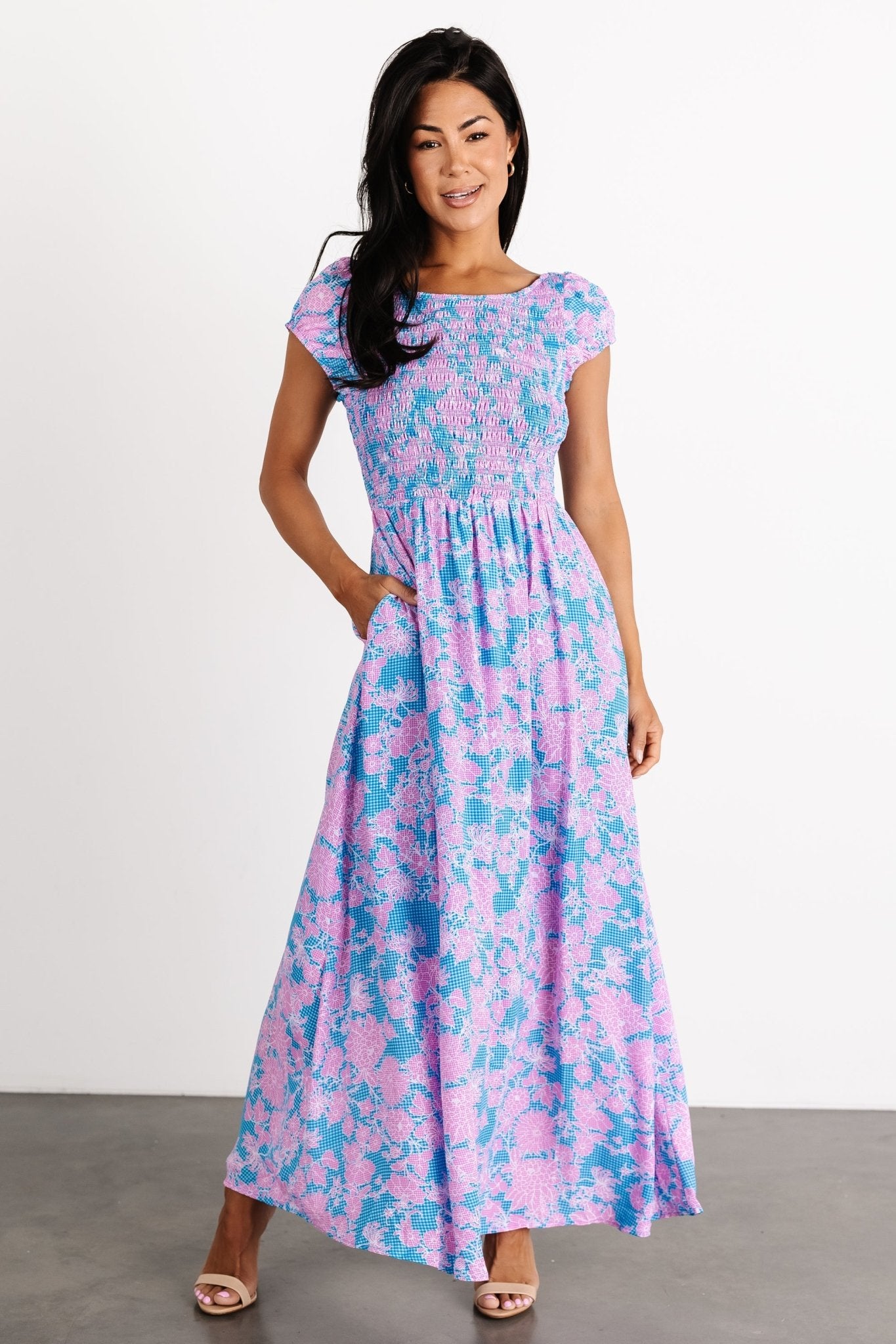 Baltic Born Blue Gingham Floral Maxi Dress with Open Back