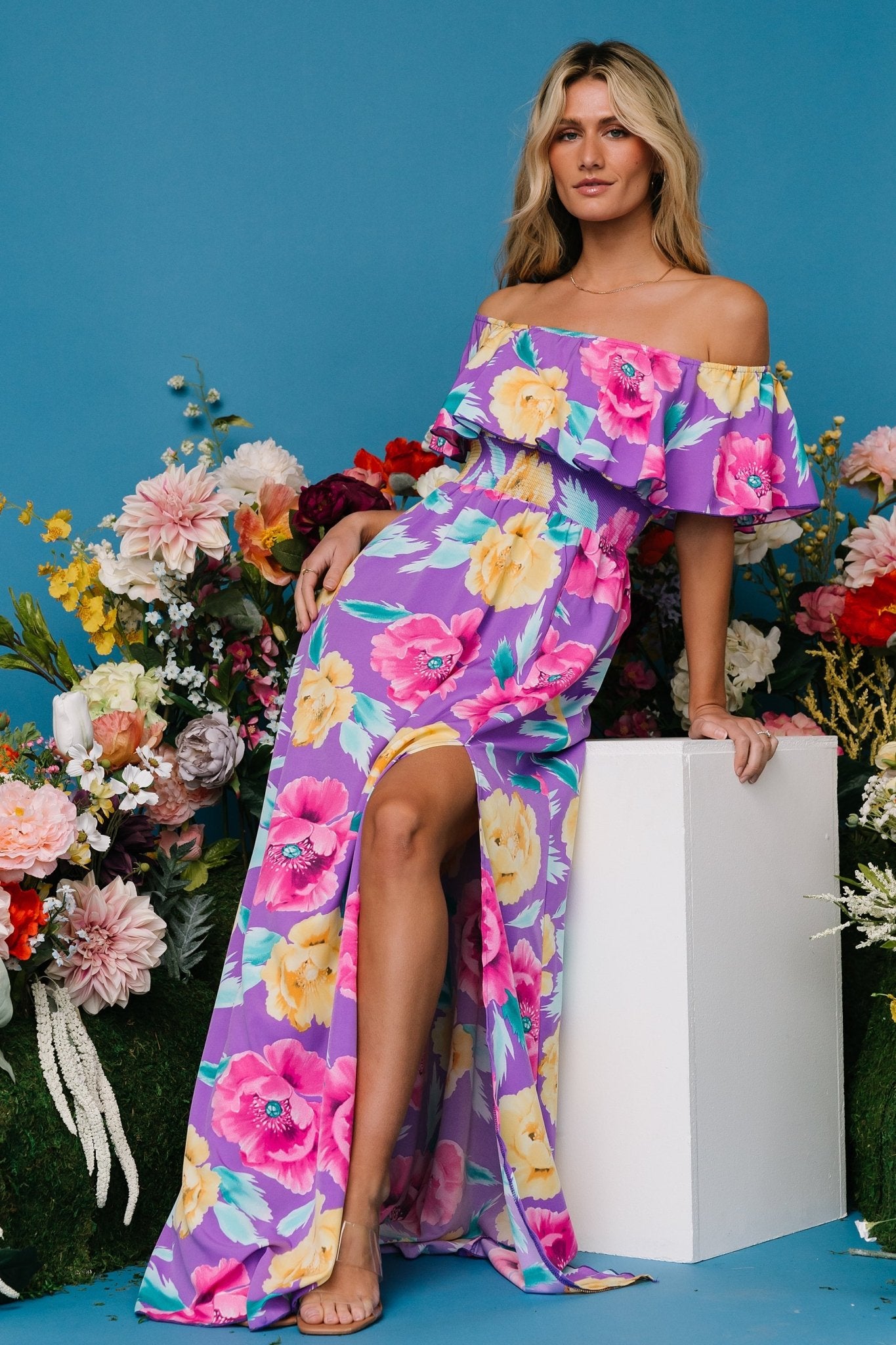 Baltic Born Talia Floral Off Shoulder Maxi Dress in Purple