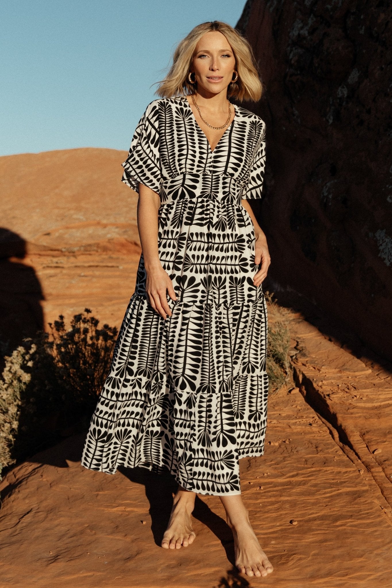 Baltic Born Black Print Kimono Dress - Midi Tiered & Adjustable Waist