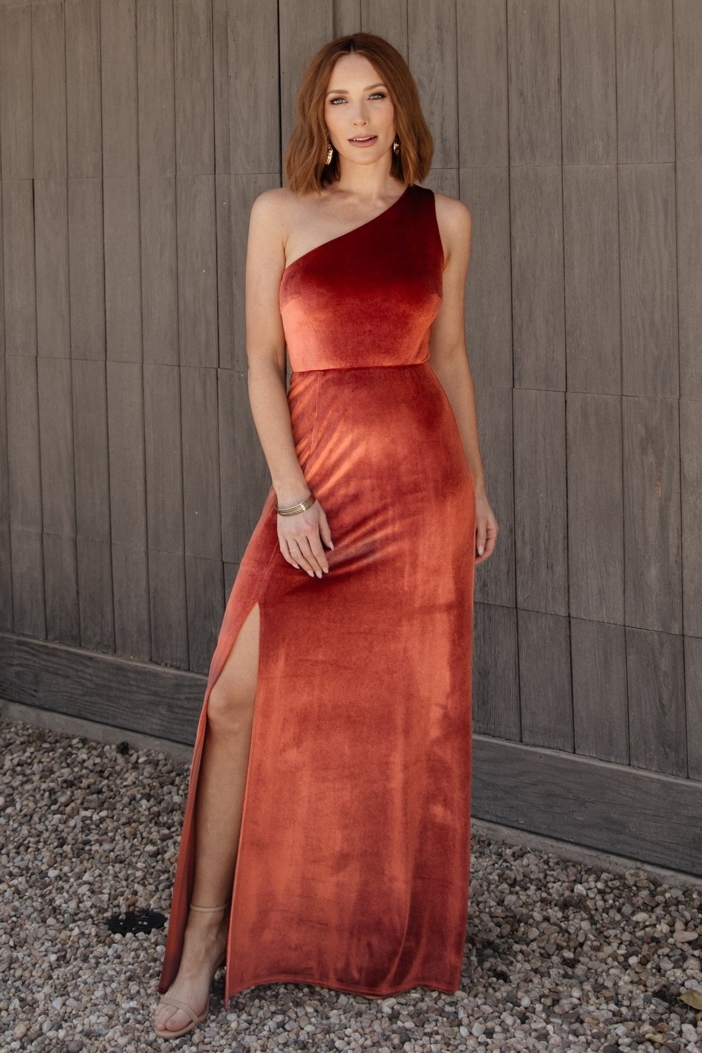 Baltic Born Tatiana Velvet One Shoulder Maxi Dress in Cinnamon