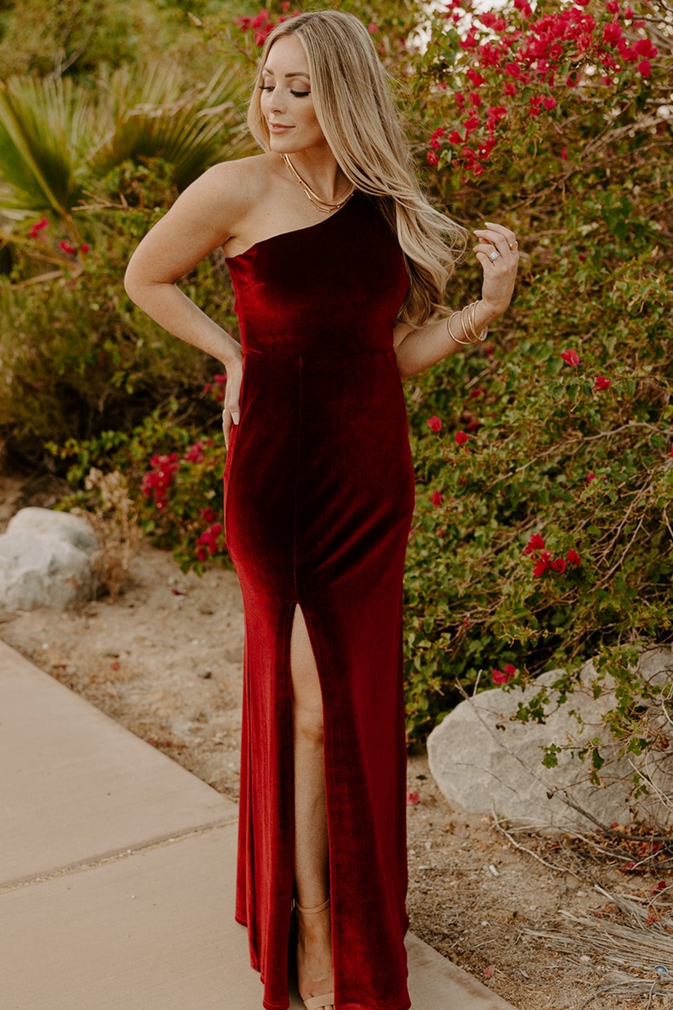 Baltic Born Tatiana Velvet One Shoulder Maxi Dress in Merlot