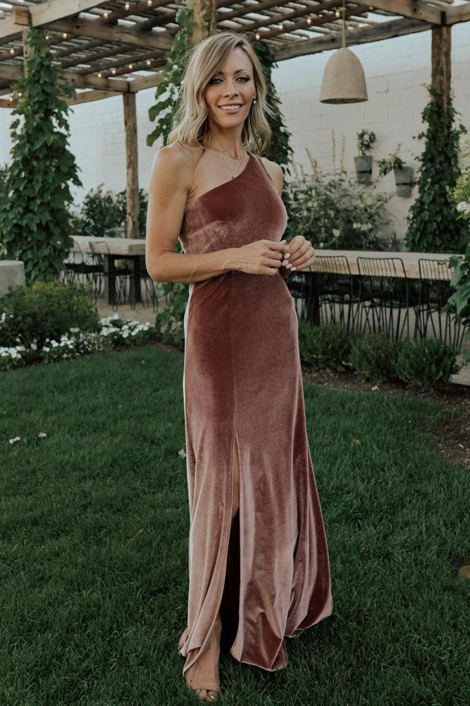 Velvet One Shoulder Maxi Dress by Baltic Born - Rose