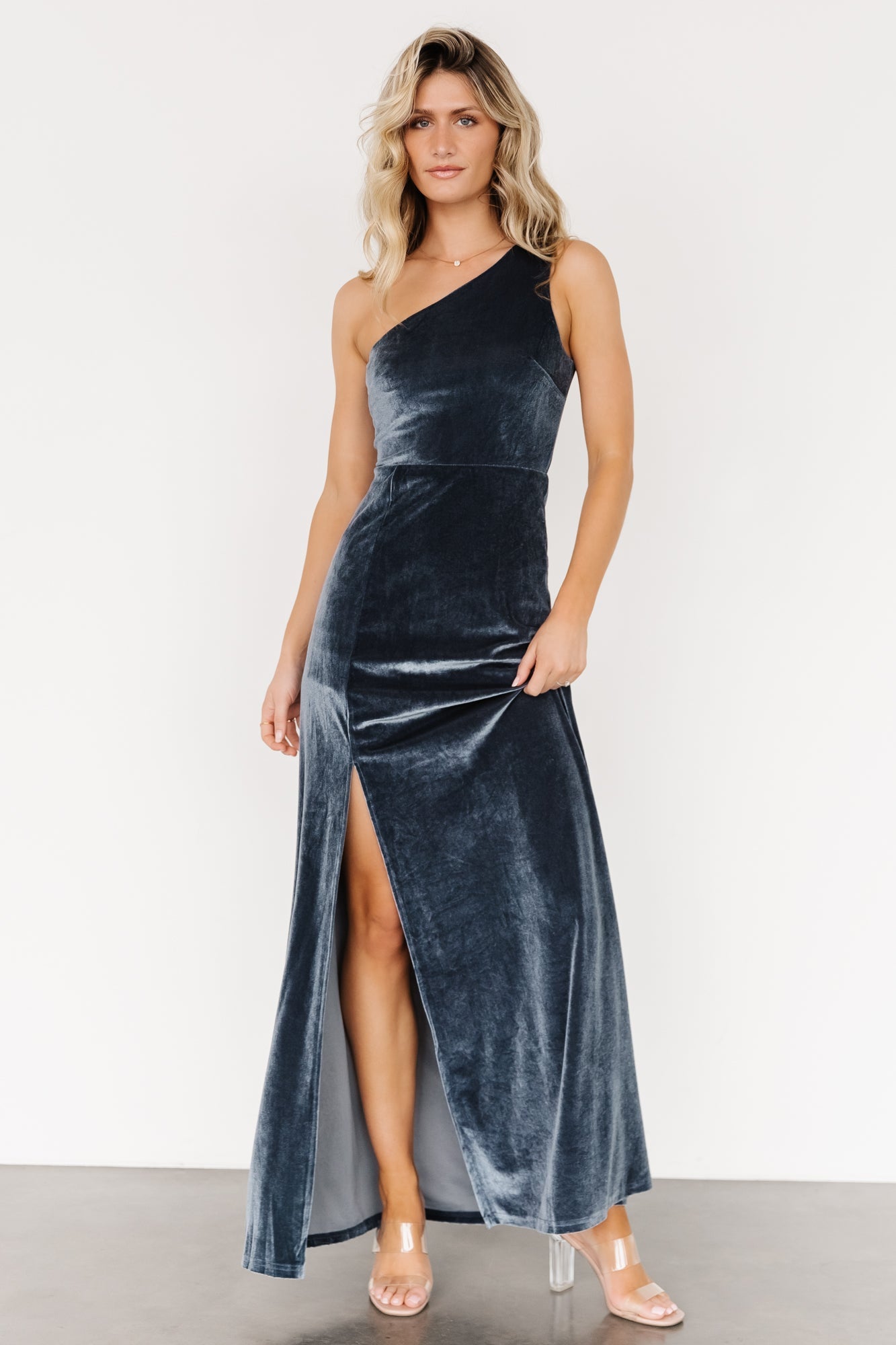 Baltic Born Velvet One Shoulder Maxi Dress in Slate Blue