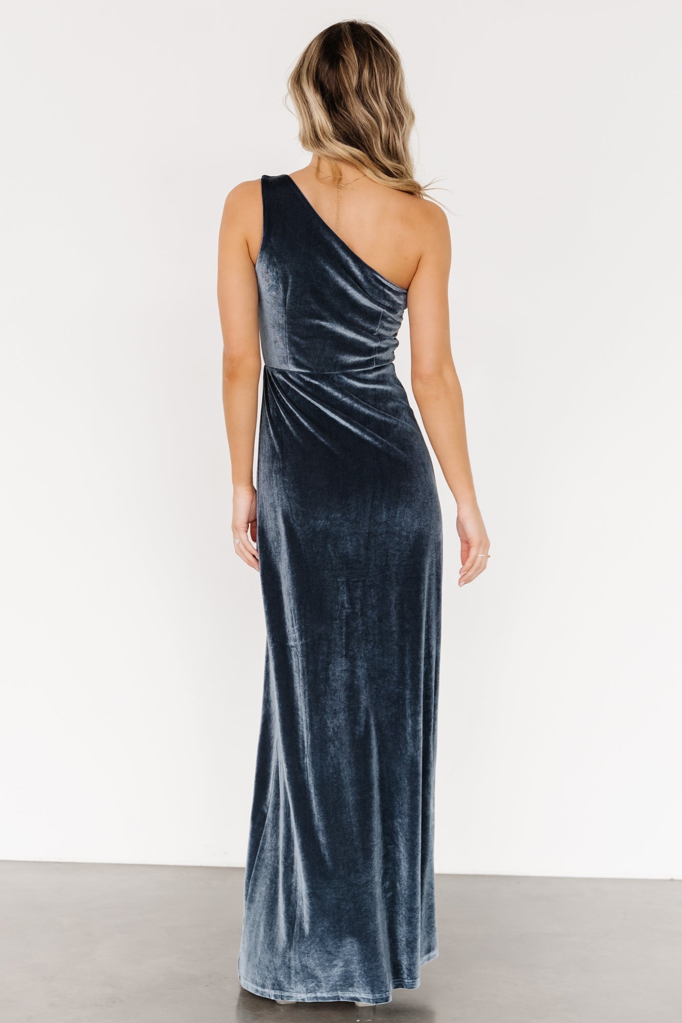 Baltic Born Velvet One Shoulder Maxi Dress in Slate Blue