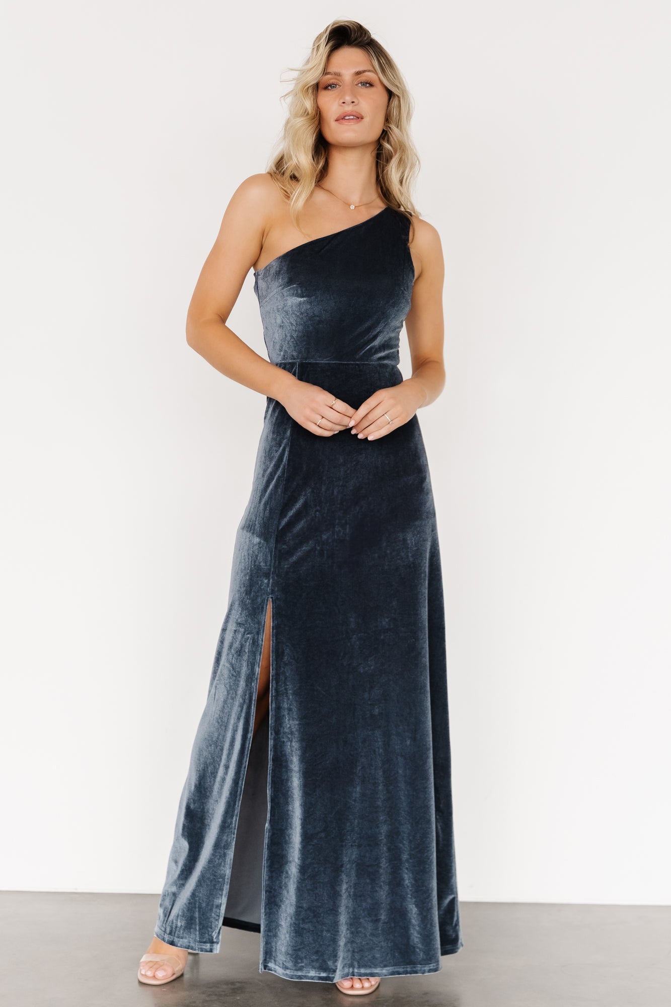 Baltic Born Velvet One Shoulder Maxi Dress in Slate Blue