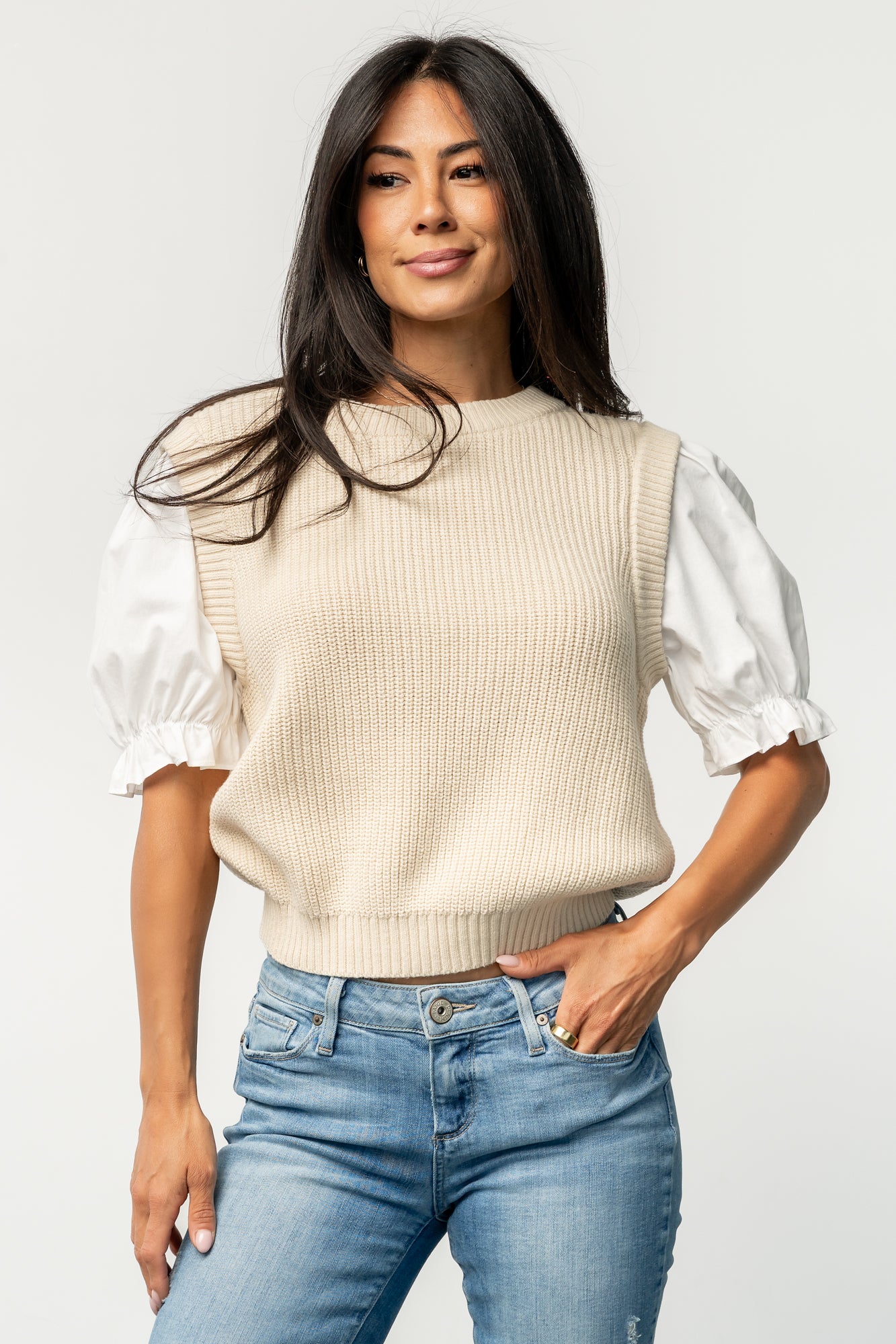 Cream Puff Sleeve Sweater Top with Ivory Cotton Sleeves | Baltic Born