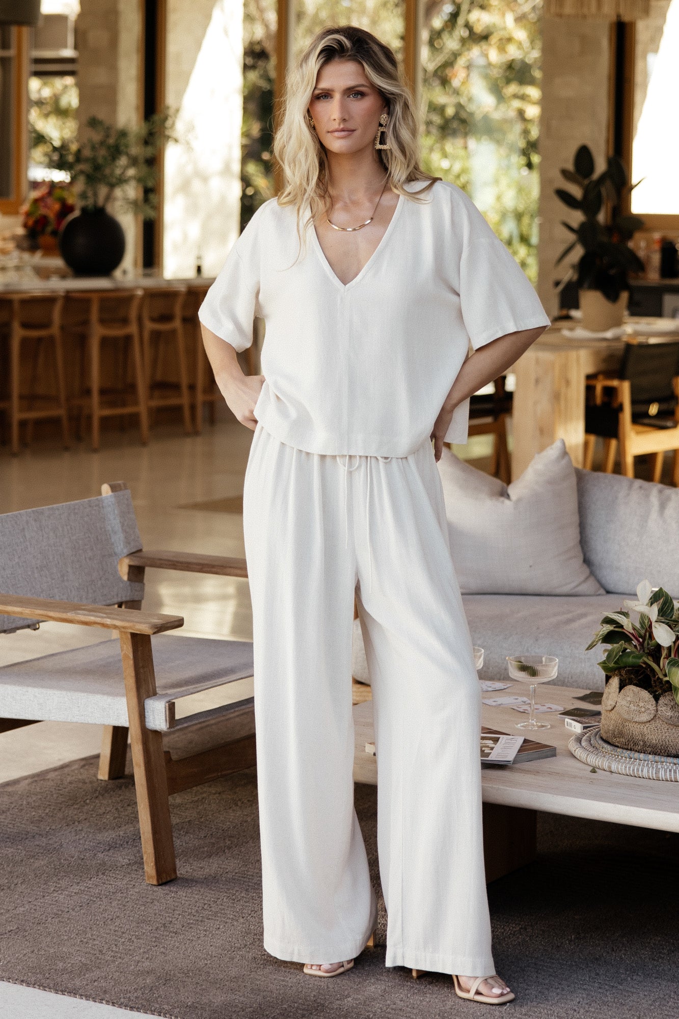 Natural Linen Matching Set | V-Neck Top & Wide-Leg Pants
