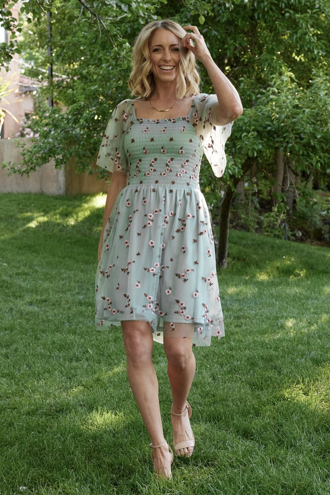 Baltic Born Sage Floral Tulle Short Dress with Flutter Sleeves