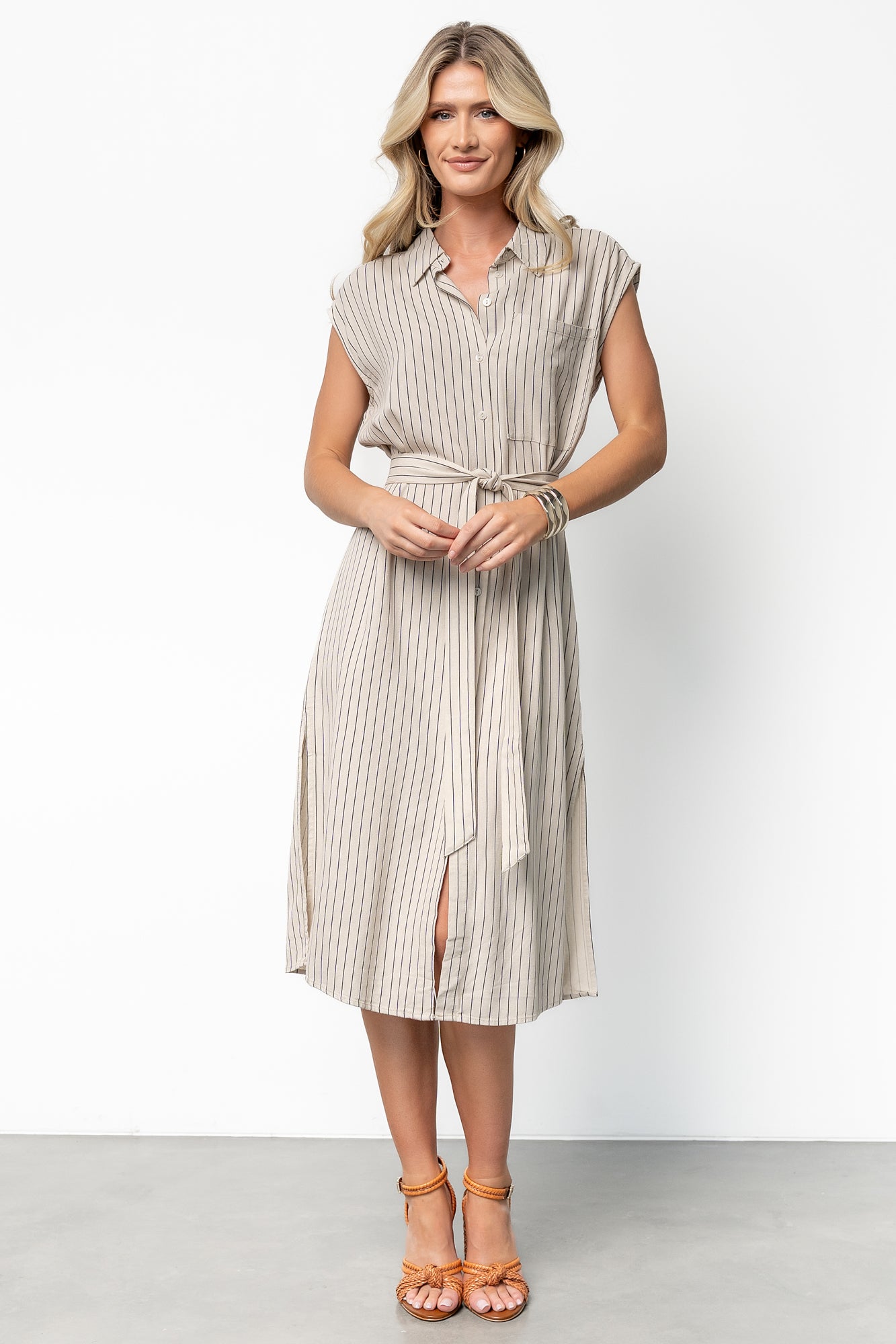 Beige Stripe Toledo Linen-Blend Button Up Midi Dress