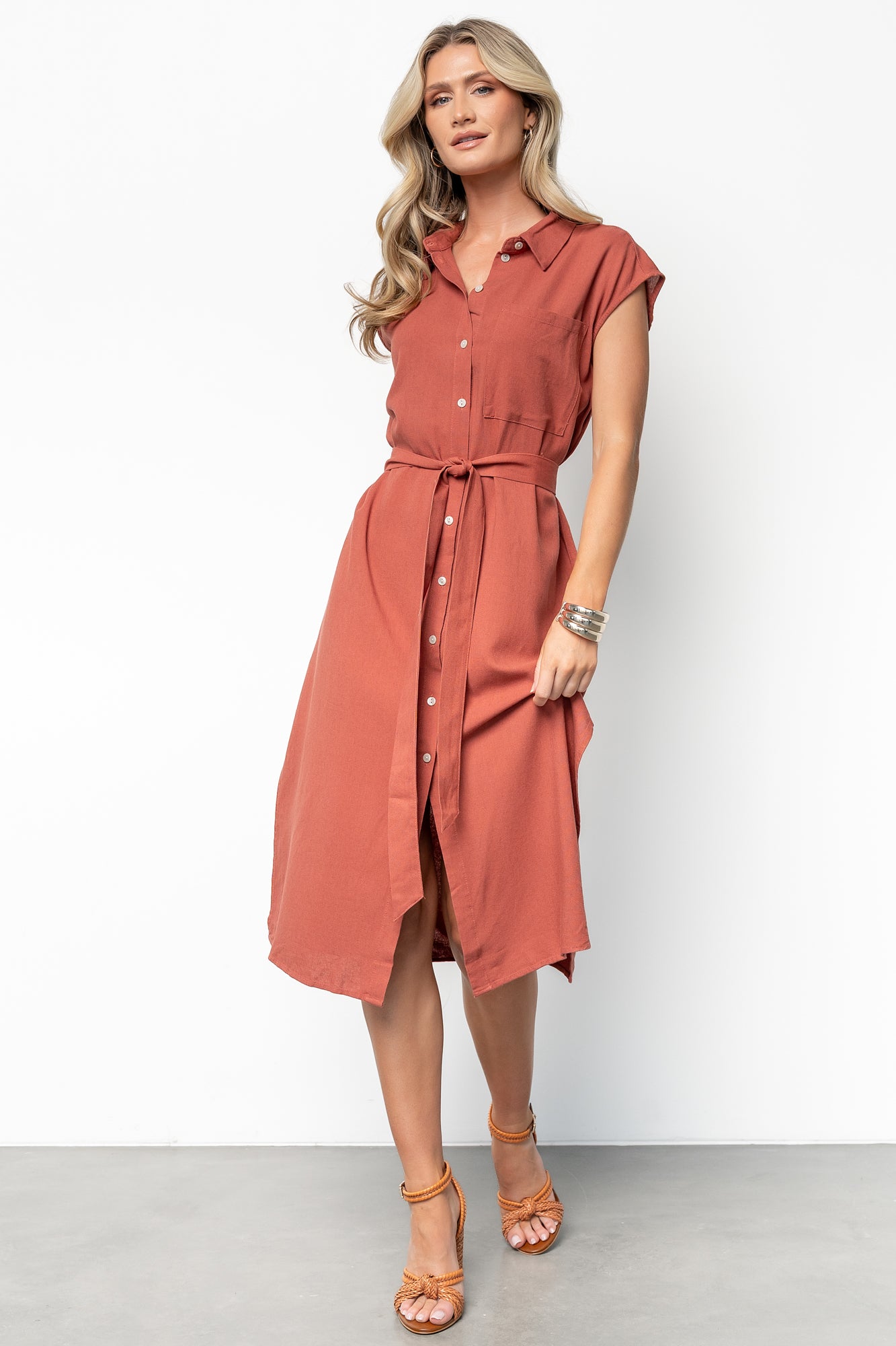 Brick Linen-Blend Toledo Button Up Midi Dress with Sash