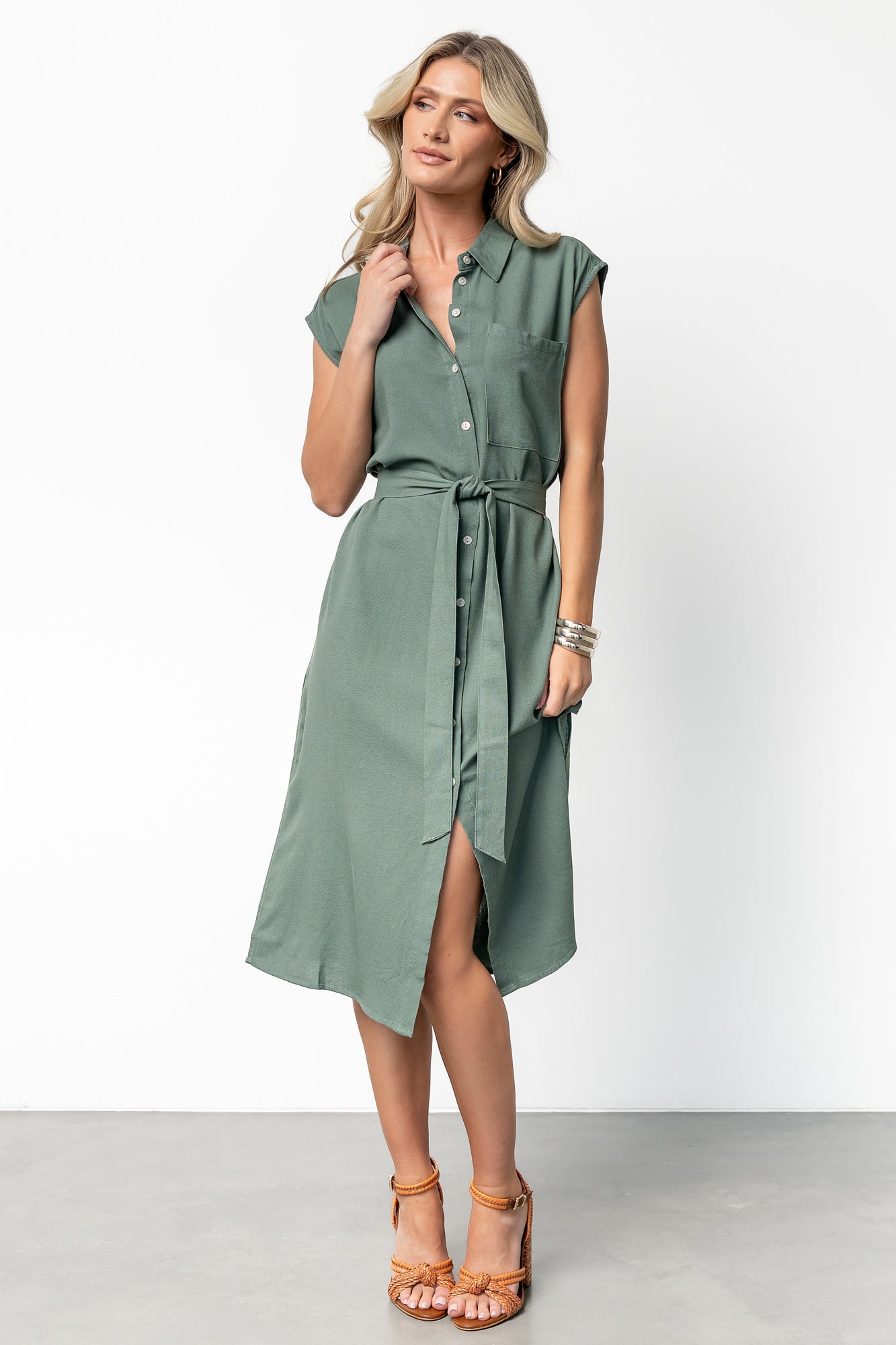 Green Linen-Blend Toledo Button Up Midi Dress with Sash