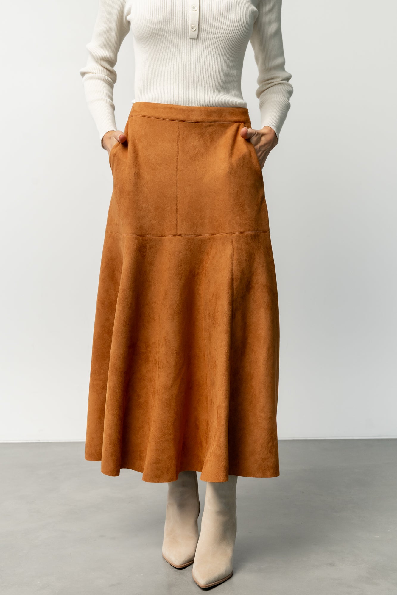 Baltic Born Faux Suede A-Line Skirt in Camel with Pockets