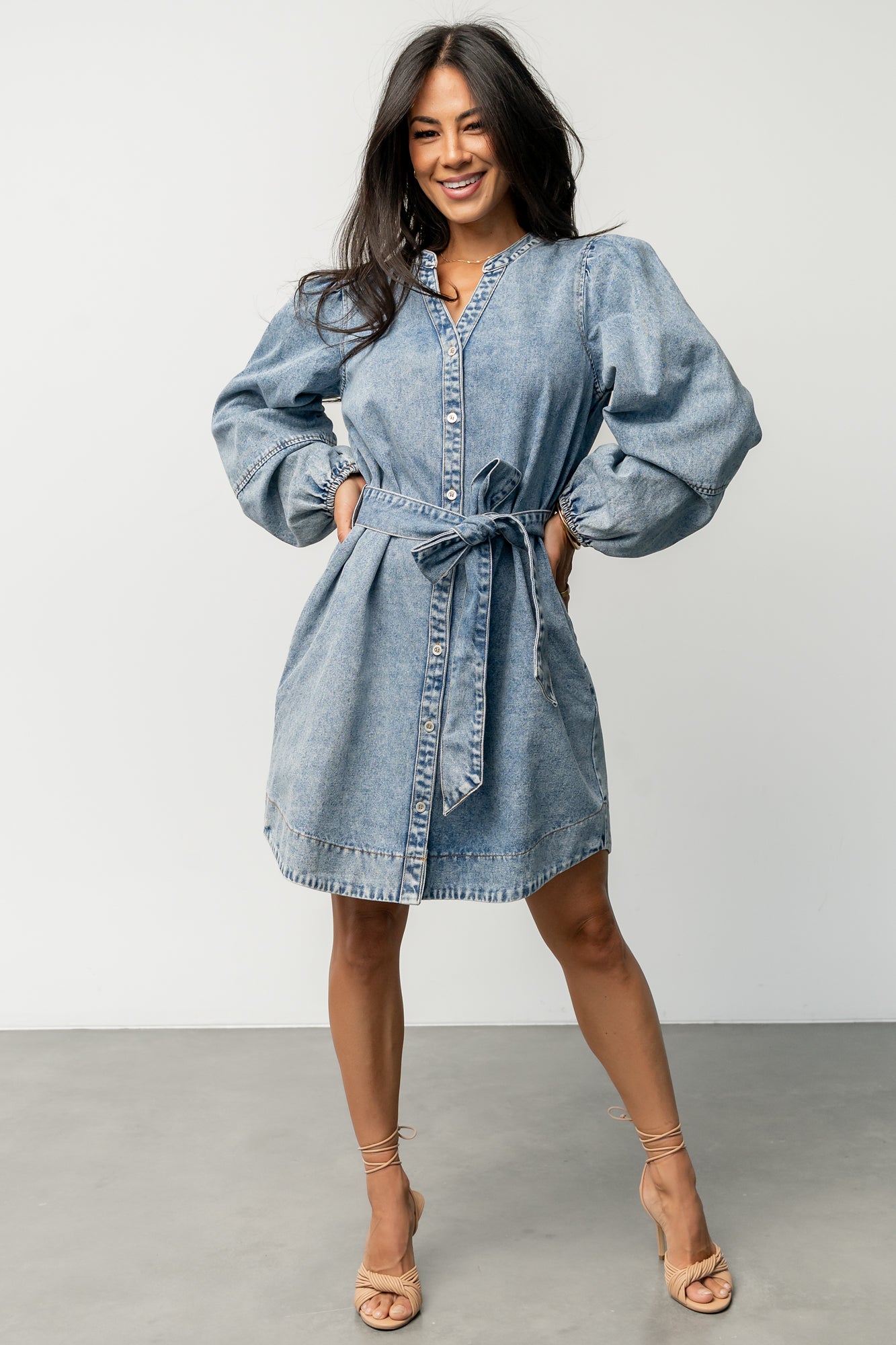 Light Wash Tora Denim Dress with Adjustable Waist Tie
