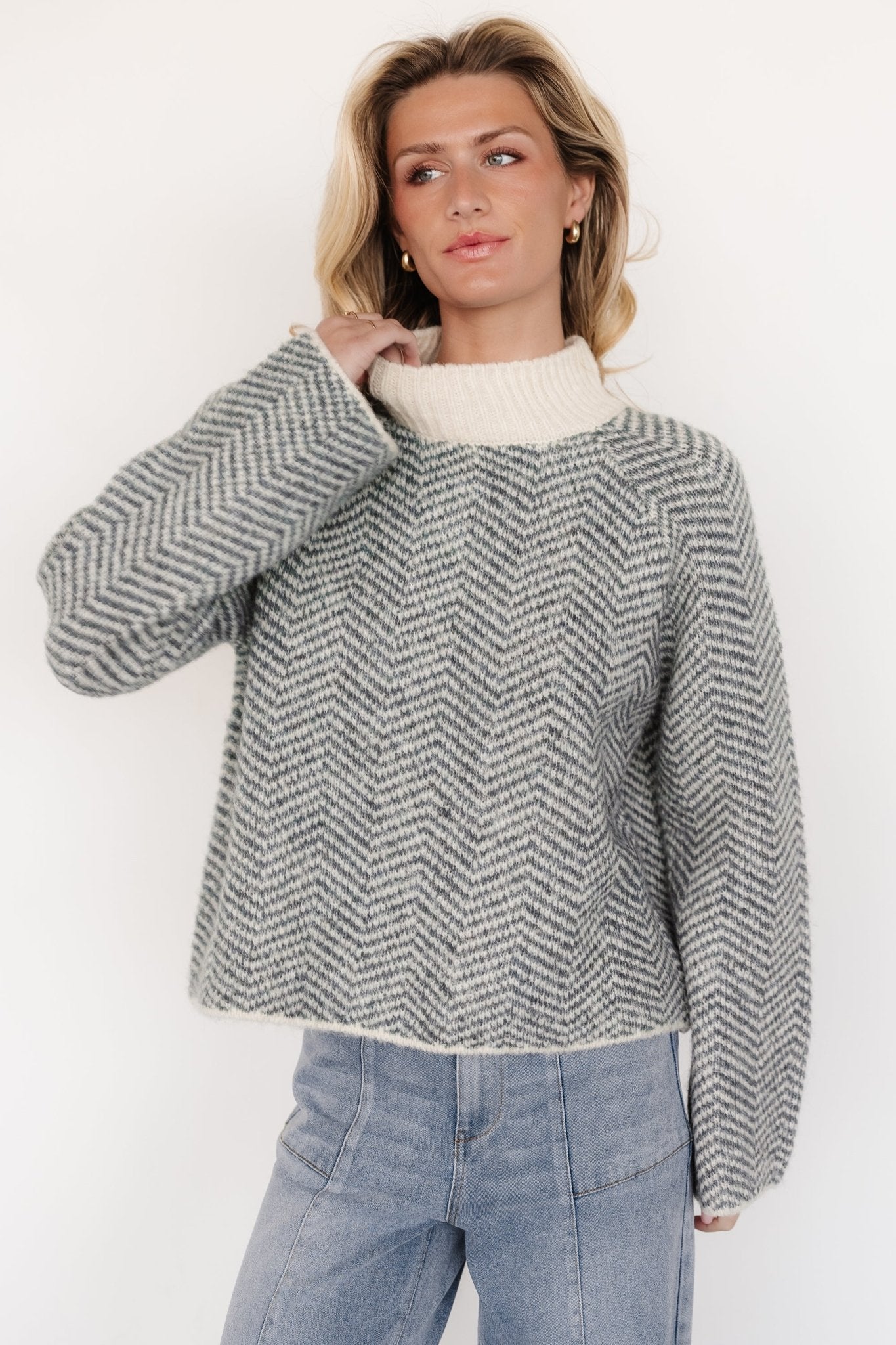 Balsam Stripe Trisha Knit Sweater - Cozy Mock Neck Pullover