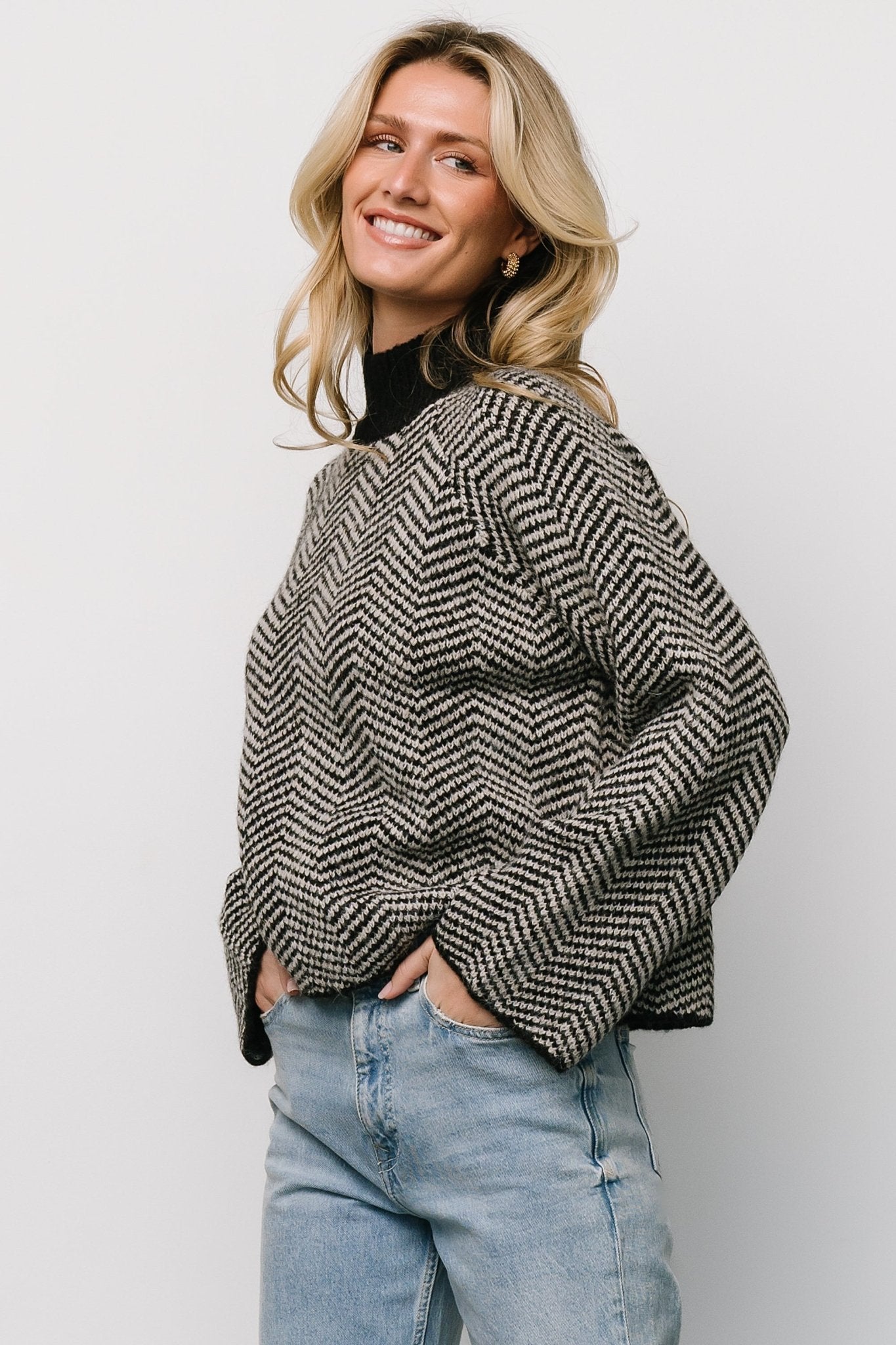 Black Striped Trisha Knit Sweater - Cozy Ribbed Mock Neck Pullover