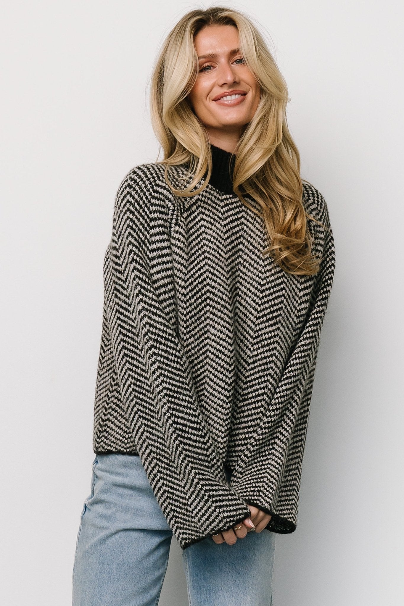 Black Striped Trisha Knit Sweater - Cozy Ribbed Mock Neck Pullover