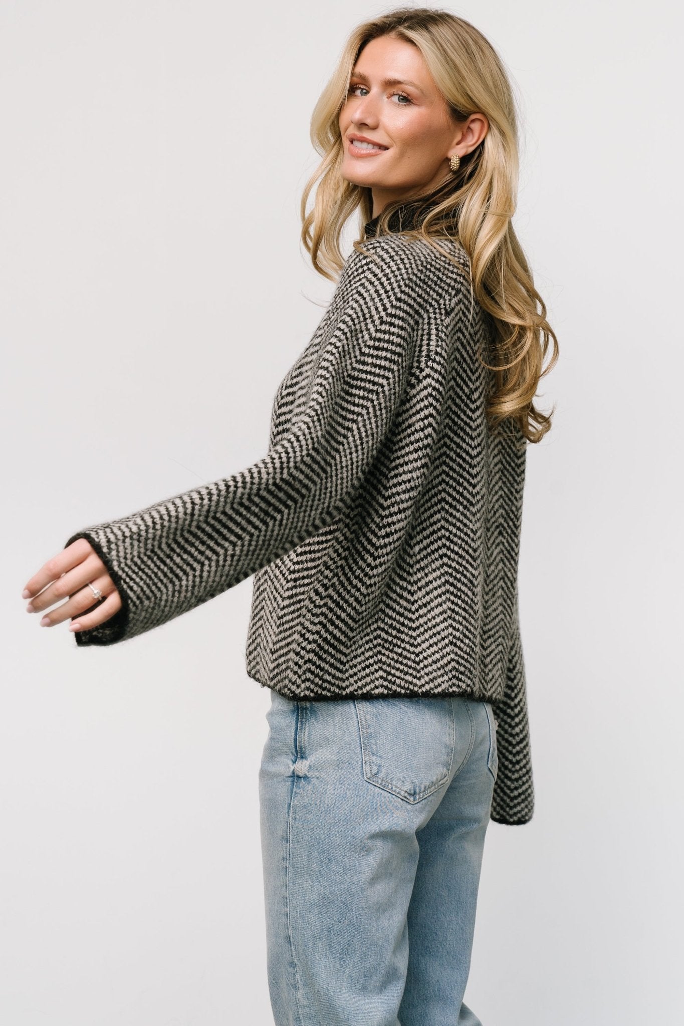 Black Striped Trisha Knit Sweater - Cozy Ribbed Mock Neck Pullover