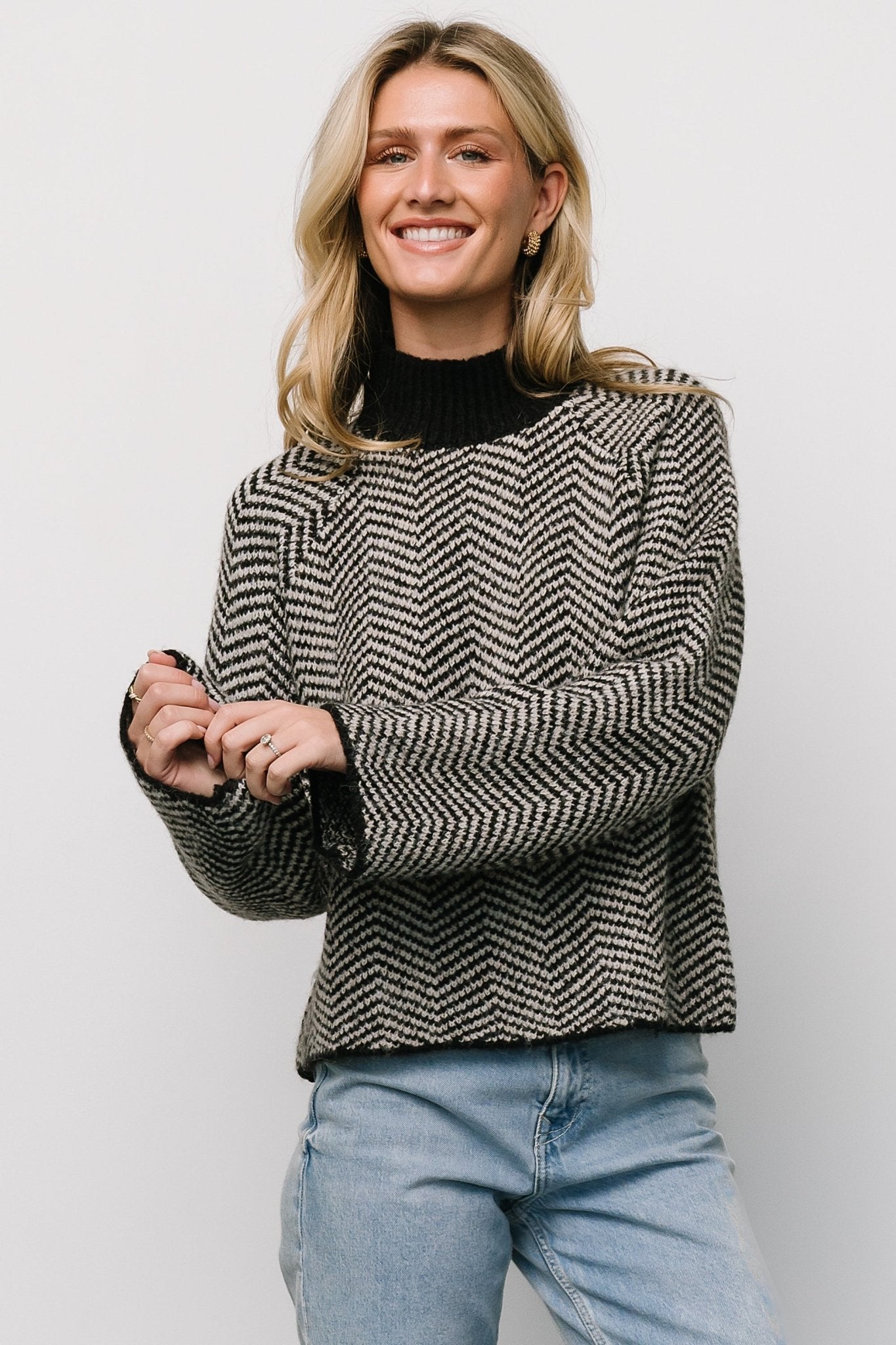 Black Striped Trisha Knit Sweater - Cozy Ribbed Mock Neck Pullover