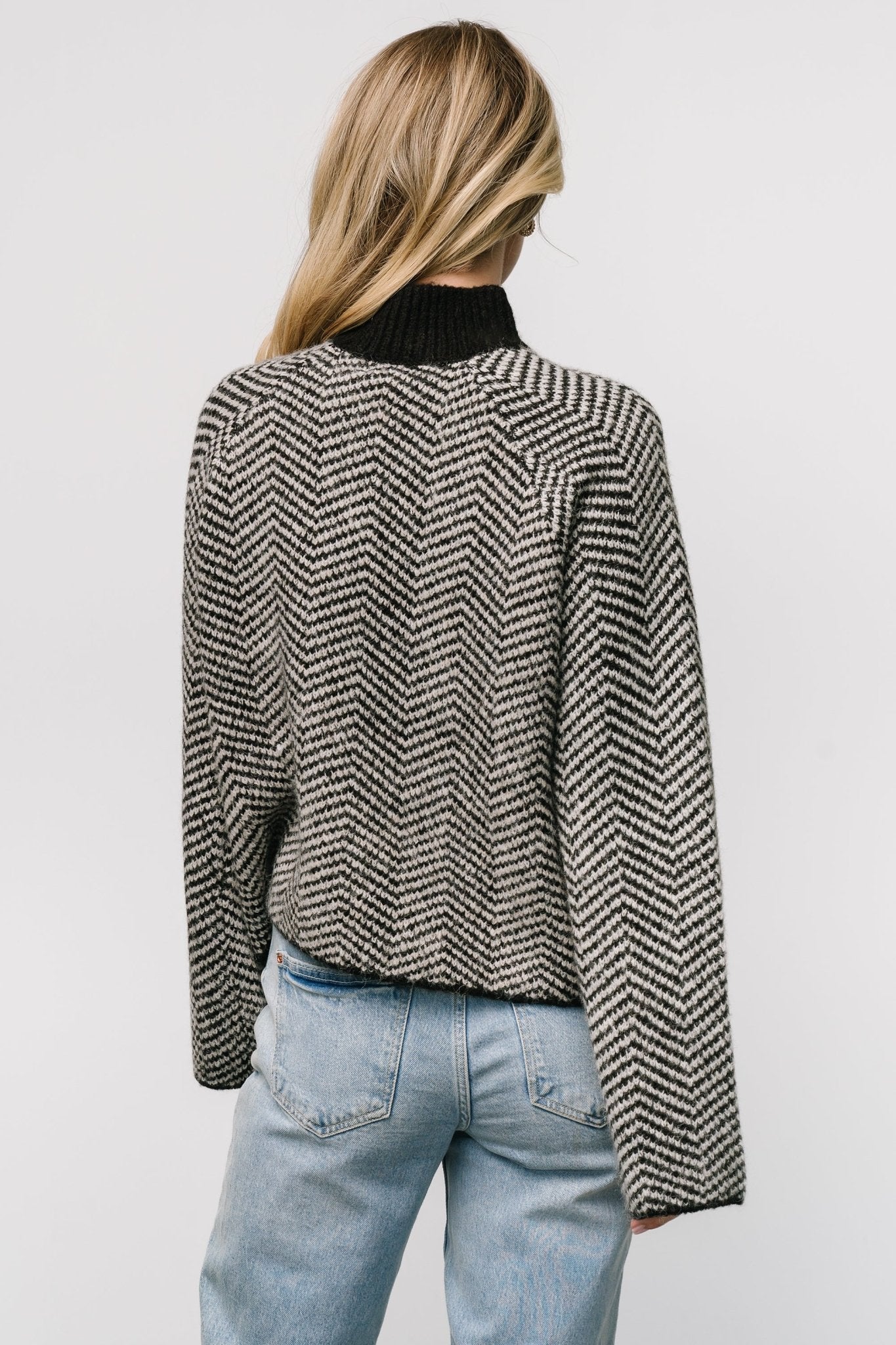 Black Striped Trisha Knit Sweater - Cozy Ribbed Mock Neck Pullover