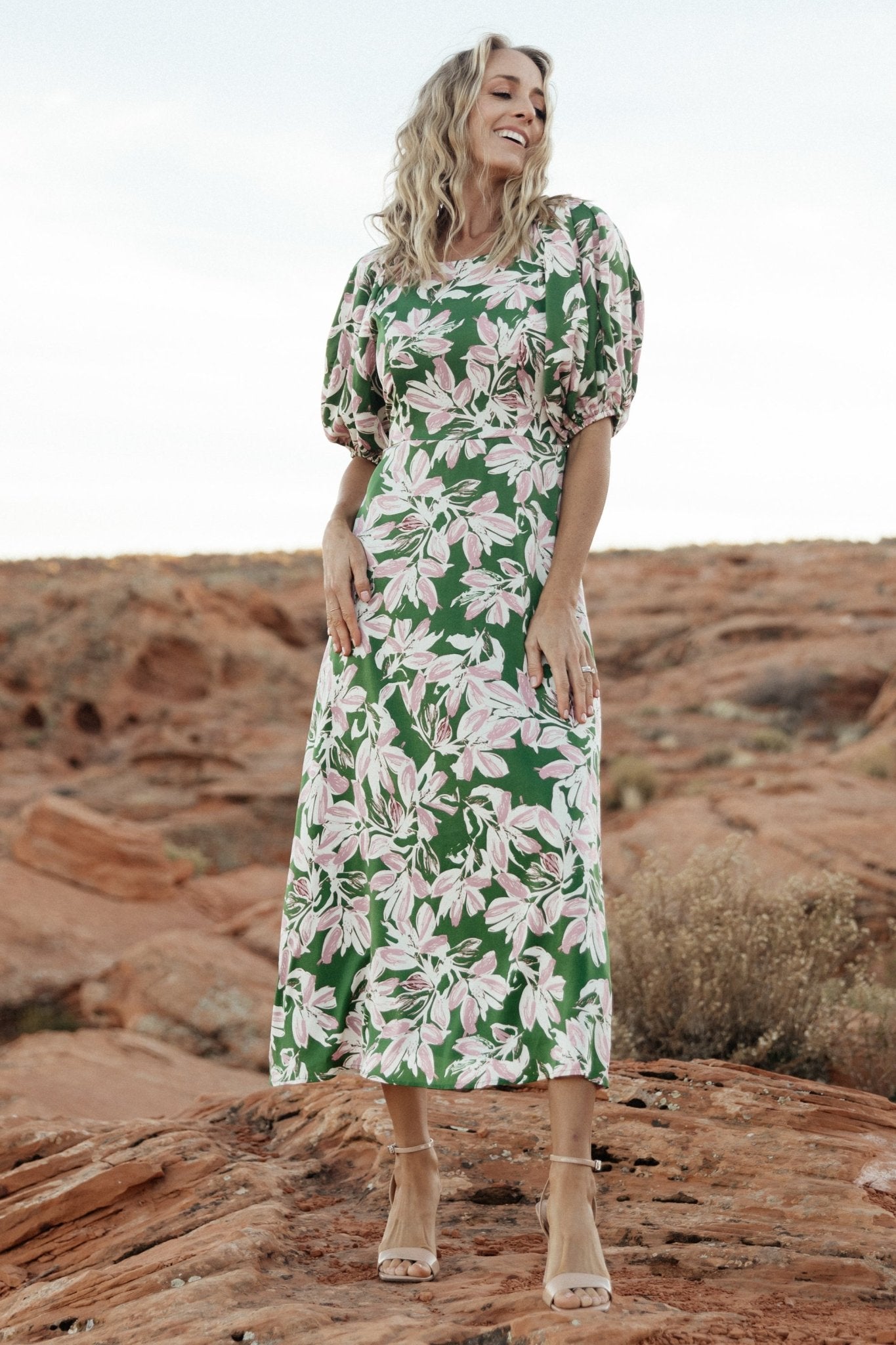 Baltic Born Floral Print Midi Dress with Bubble Sleeves & Tie Waist