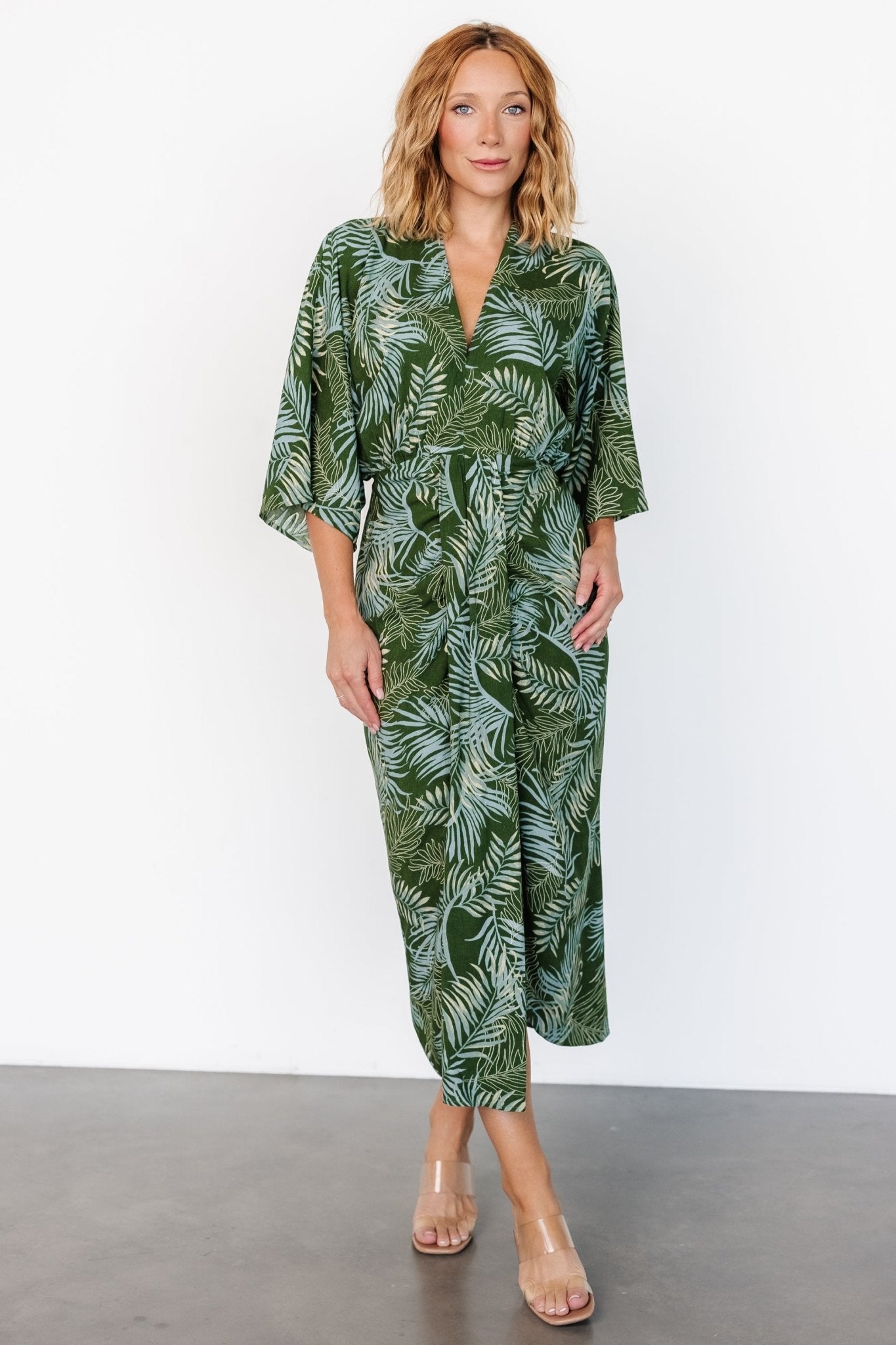 Tropical Print Tula Kimono Dress with V-Neck & Elastic Waist