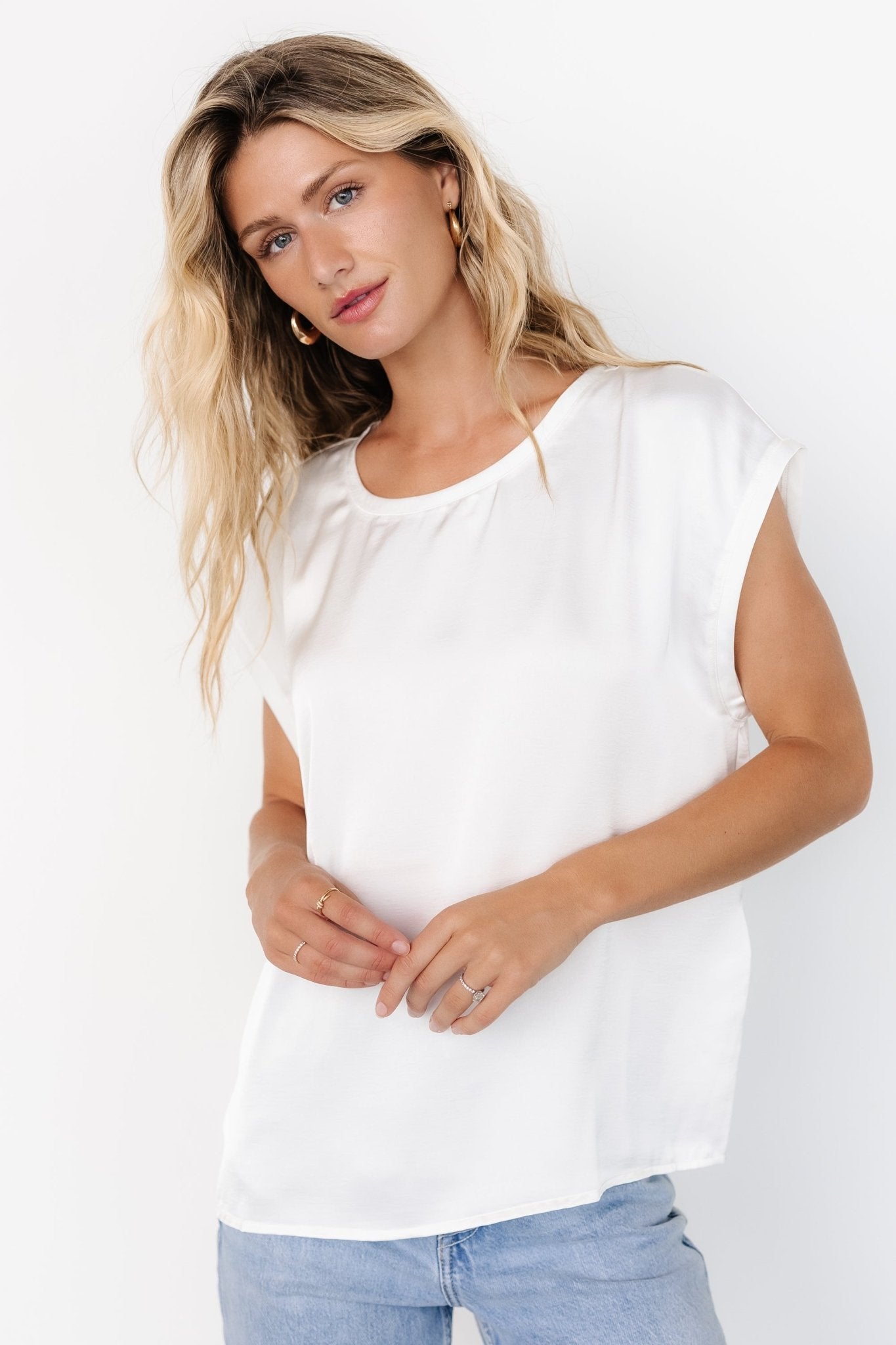 White Satin Adina Top - Oversized Round Neck Blouse