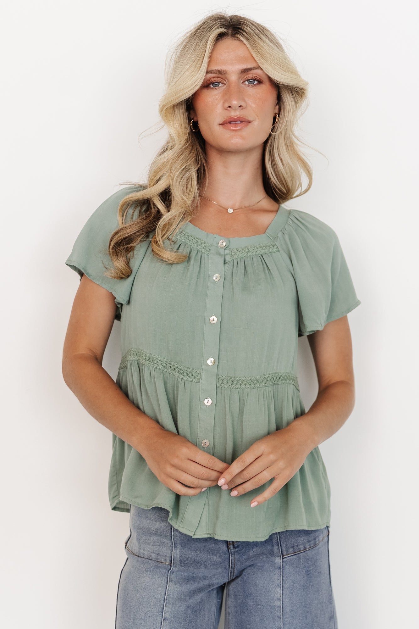 Baltic Born Sage Button Up Blouse with Lace Trim & Peplum Style