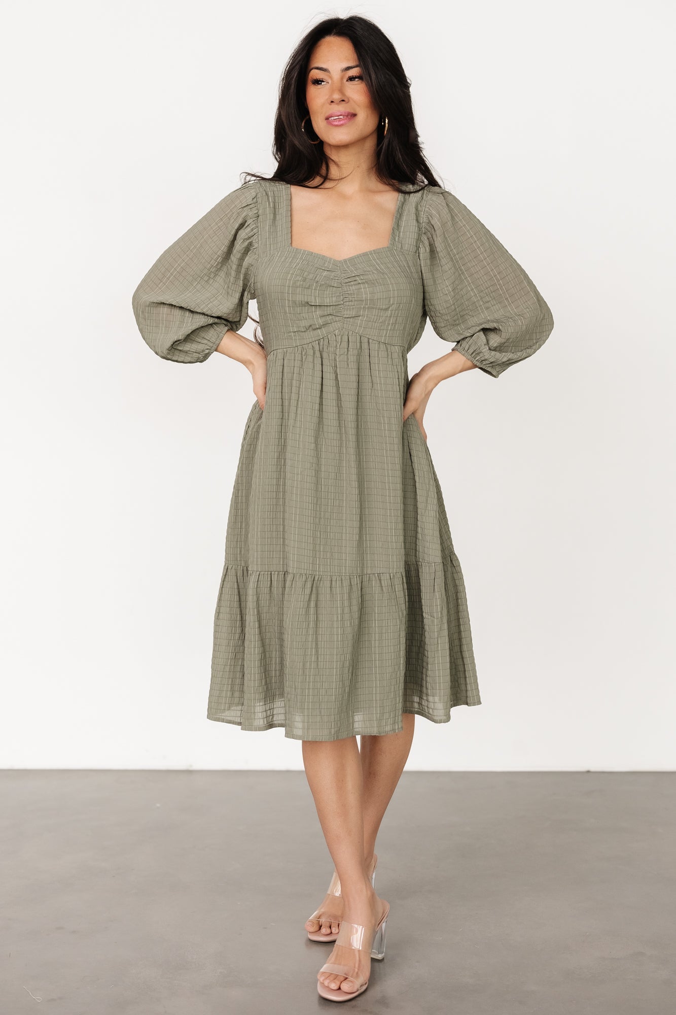 Vaeda Olive Green Crepe Midi Dress with Pockets