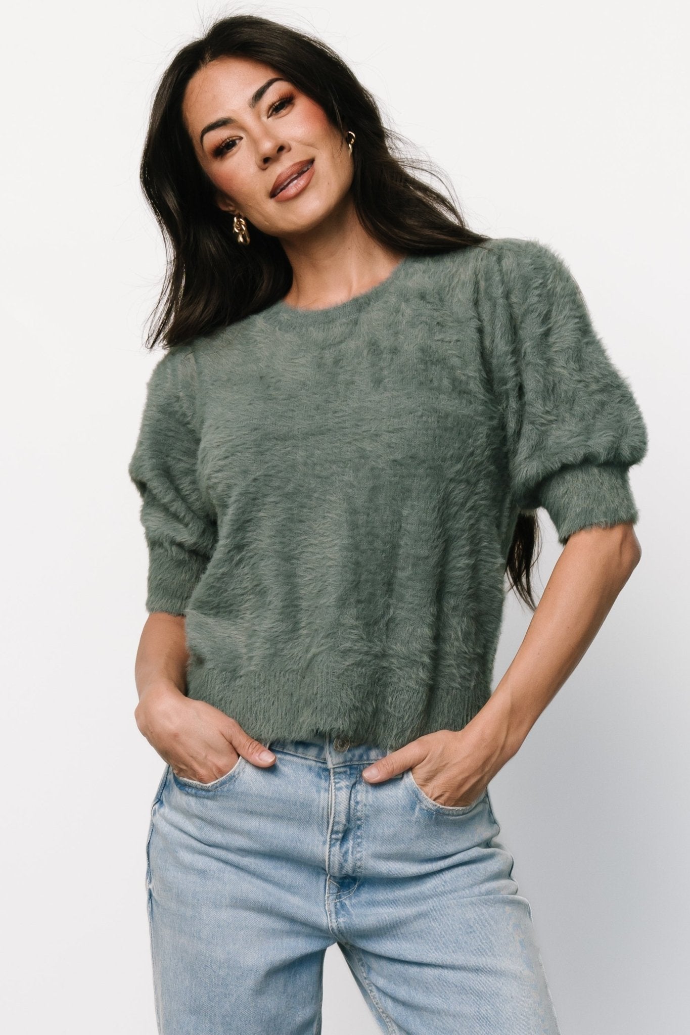 Winter Green Fuzzy Cropped Sweater Top – Soft & Cozy Vail Style