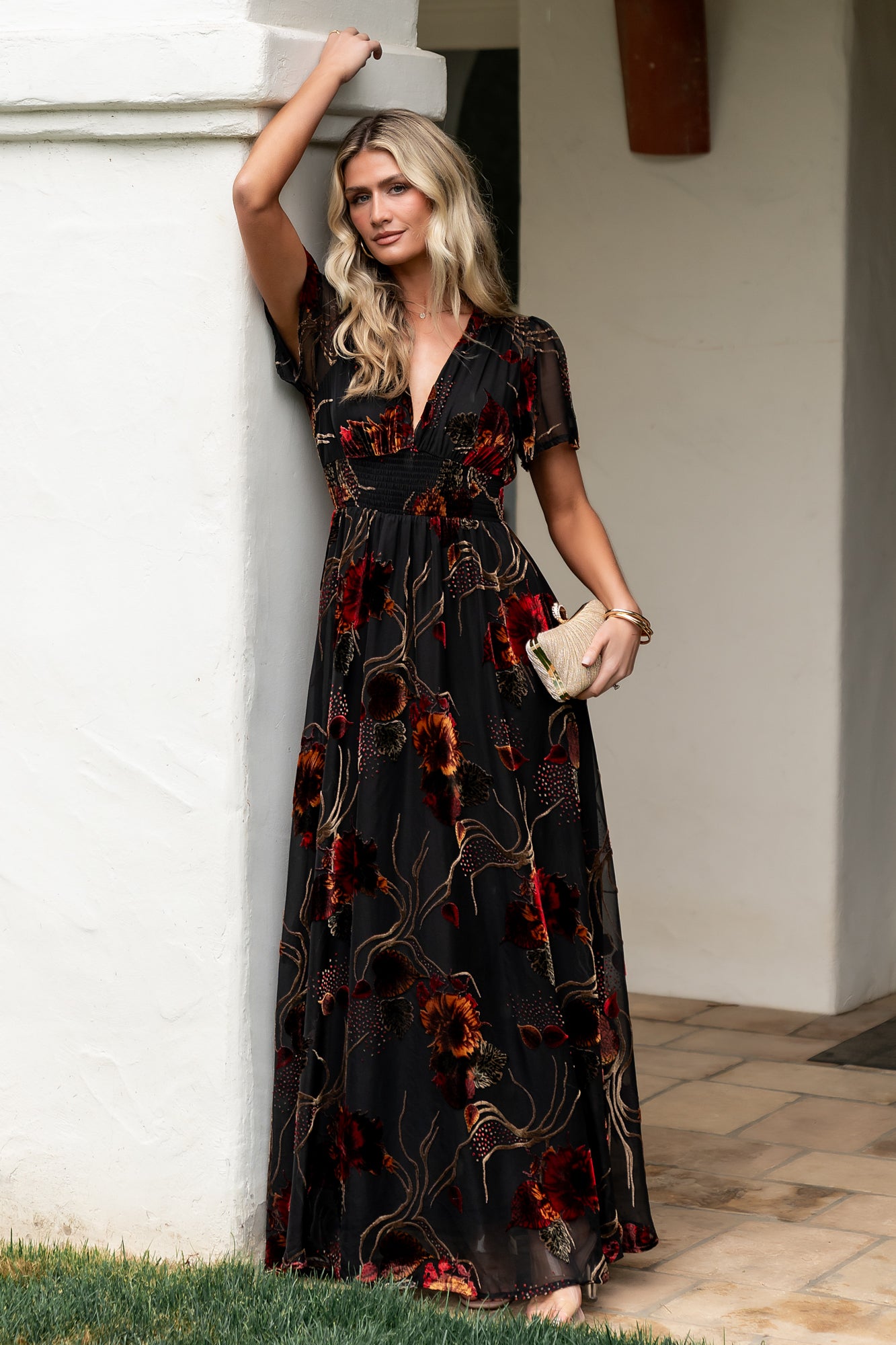 Black Multi Floral Maxi Dress with Flutter Sleeves – Baltic Born