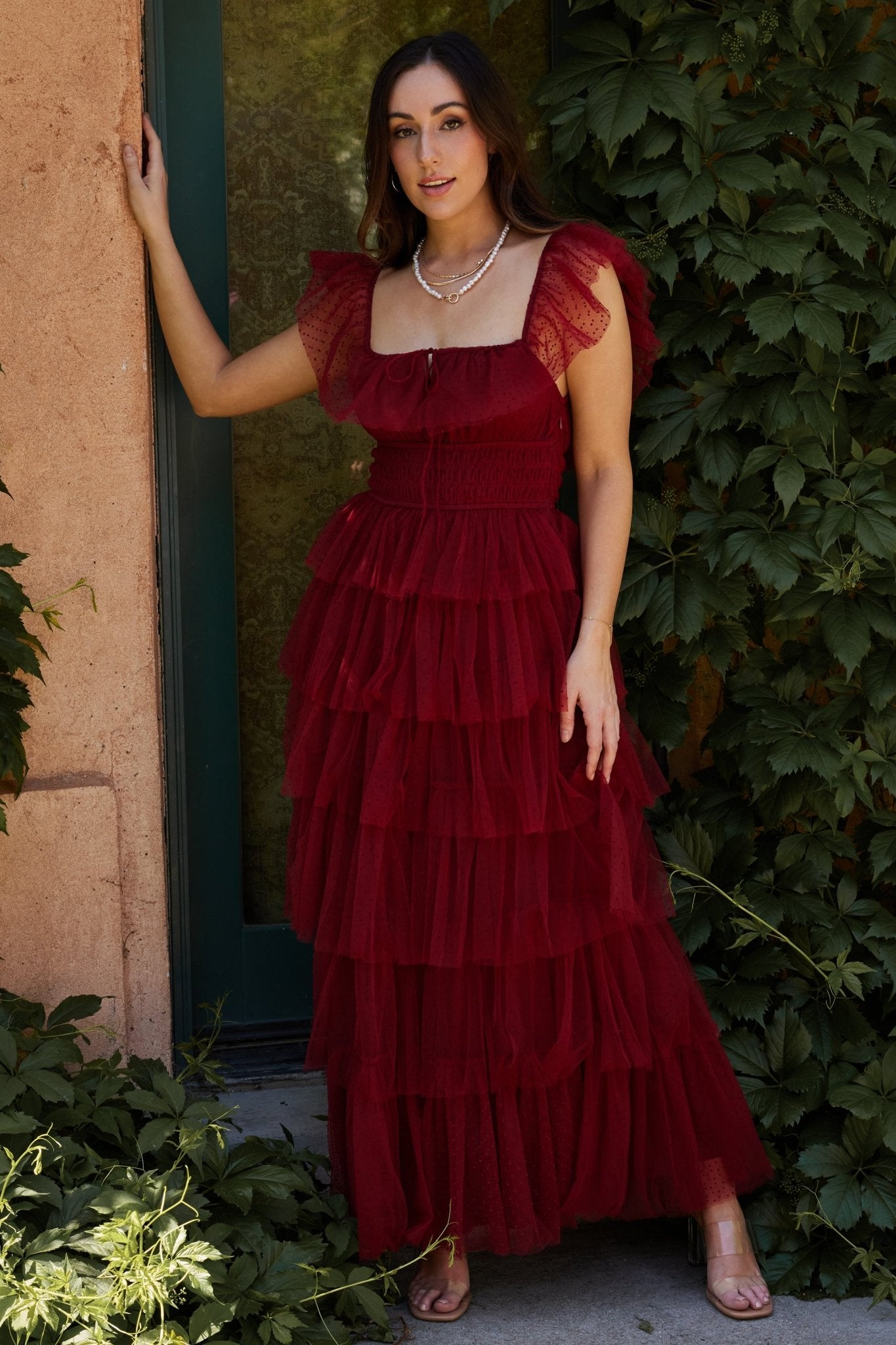 Valora Swiss Dot Tulle Maxi Dress in Wine with Ruffles & Keyhole Detail