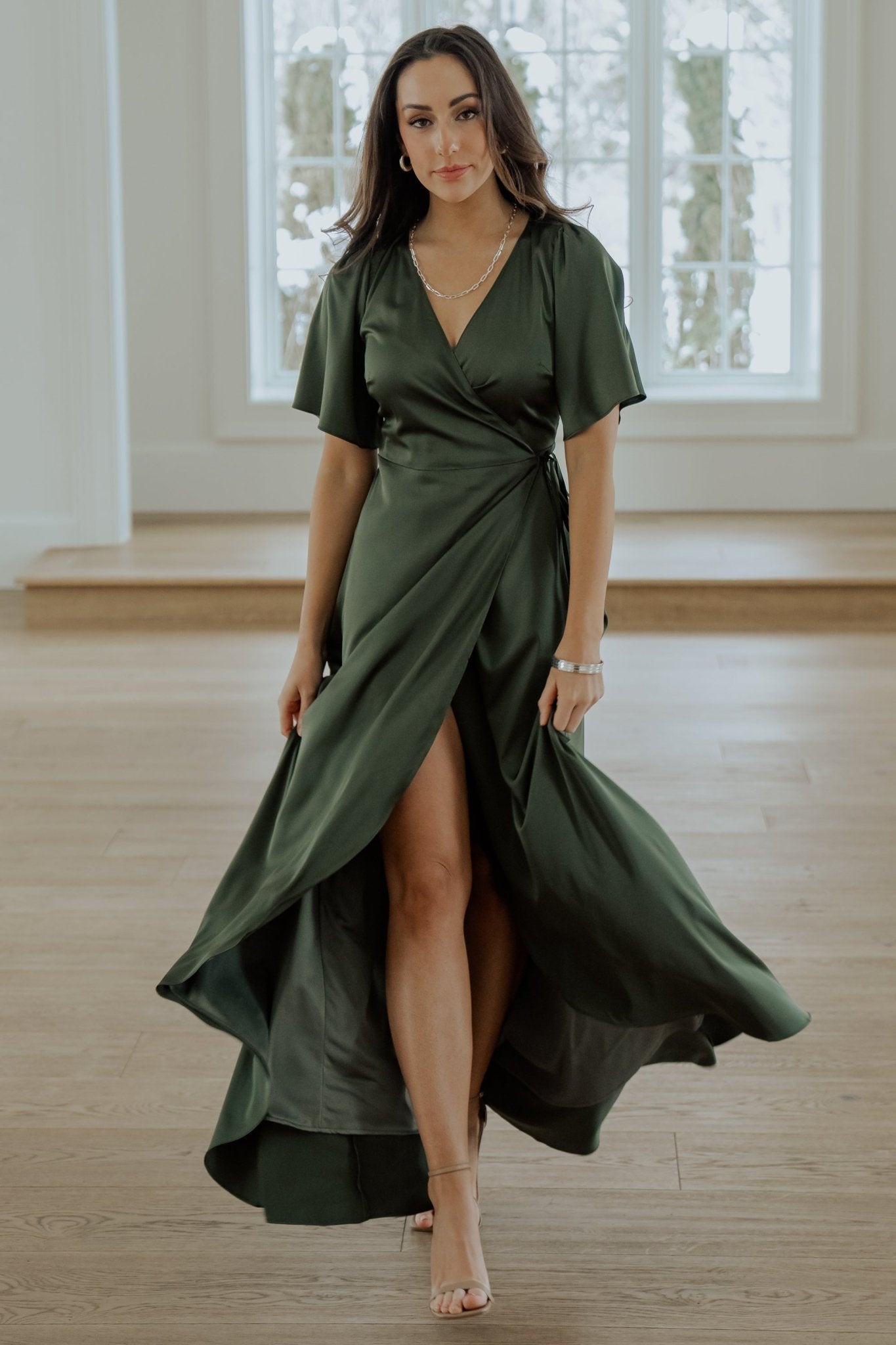 Juniper Green Satin Maxi Wrap Dress by Baltic Born