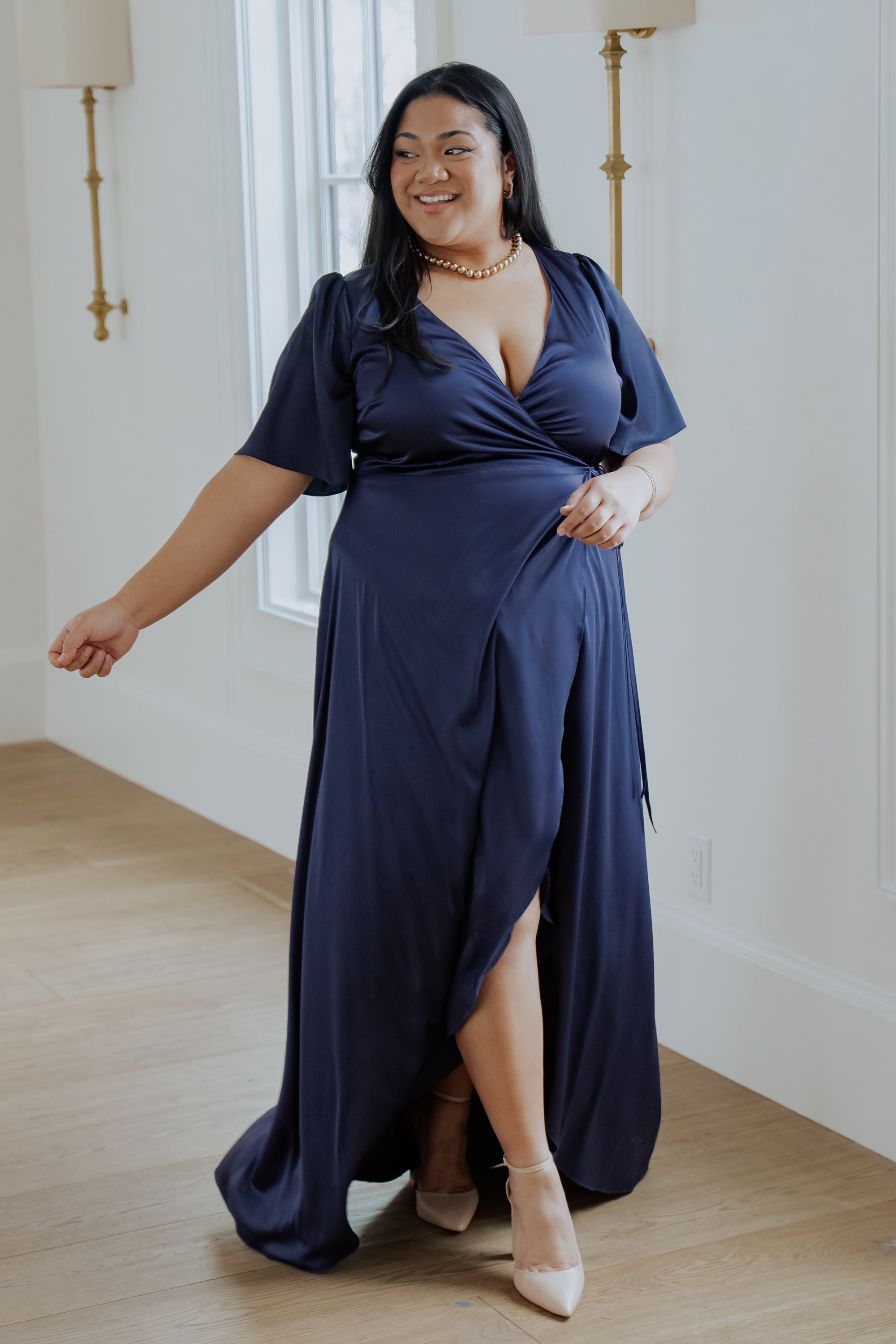 Navy Satin Wrap Maxi Dress by Baltic Born | Flutter Sleeves