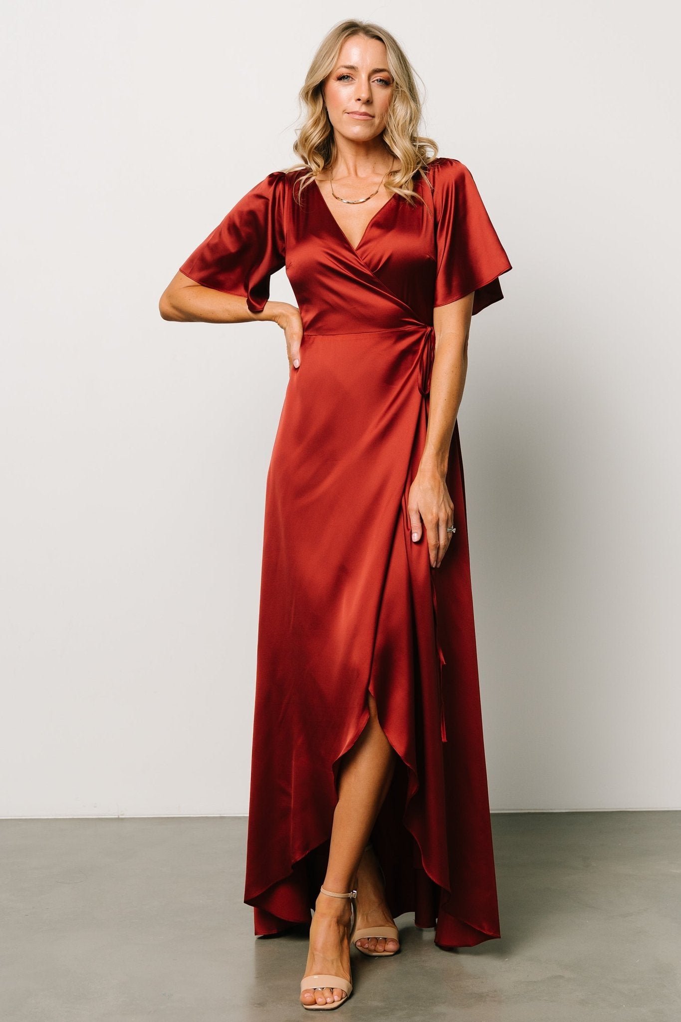 Terracotta Satin Maxi Wrap Dress by Baltic Born – Flutter Sleeves & Wrap Waist