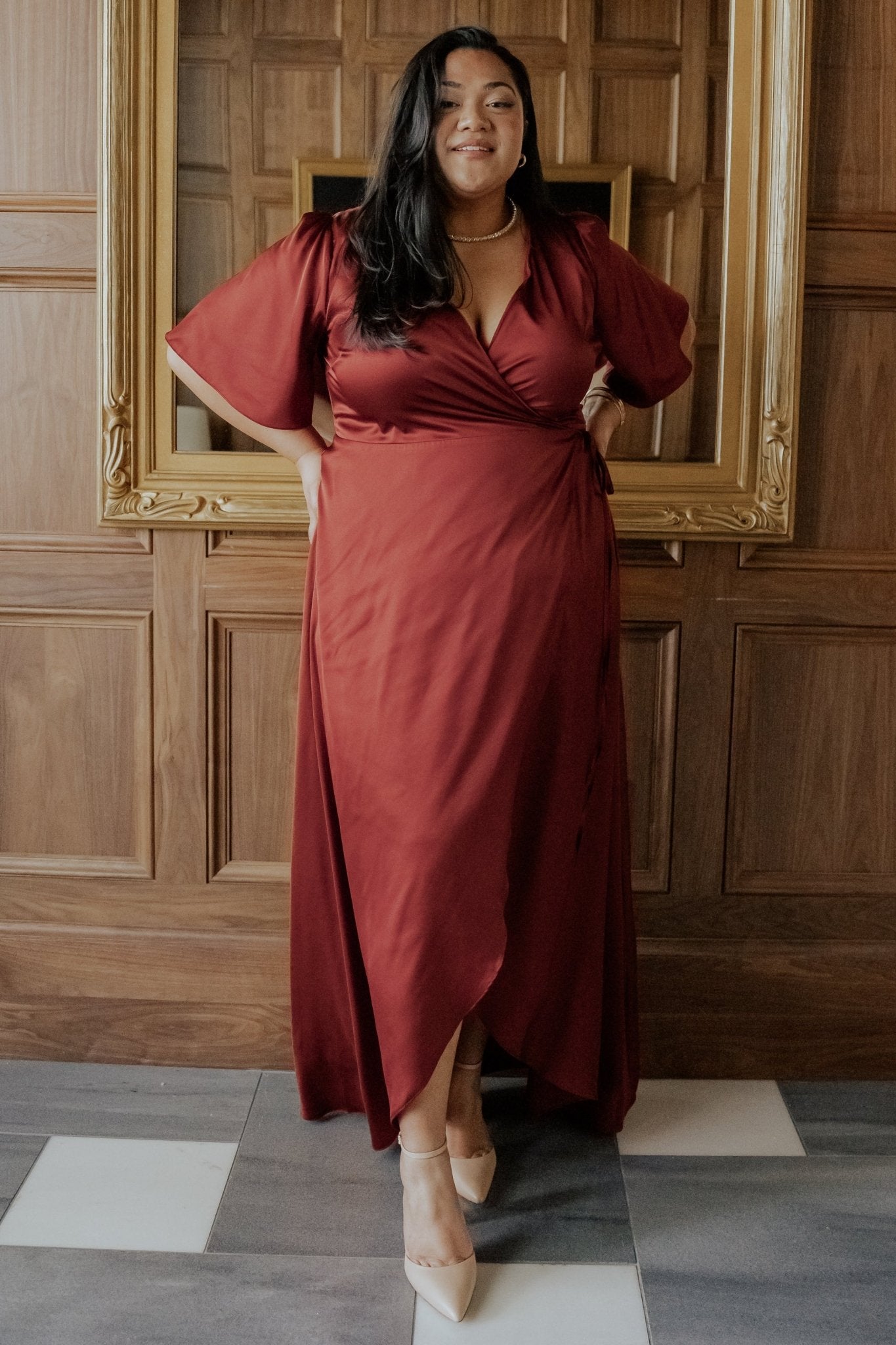Terracotta Satin Maxi Wrap Dress by Baltic Born – Flutter Sleeves & Wrap Waist