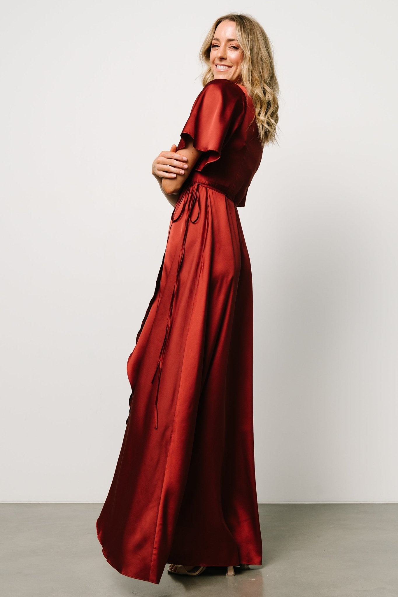 Terracotta Satin Maxi Wrap Dress by Baltic Born – Flutter Sleeves & Wrap Waist