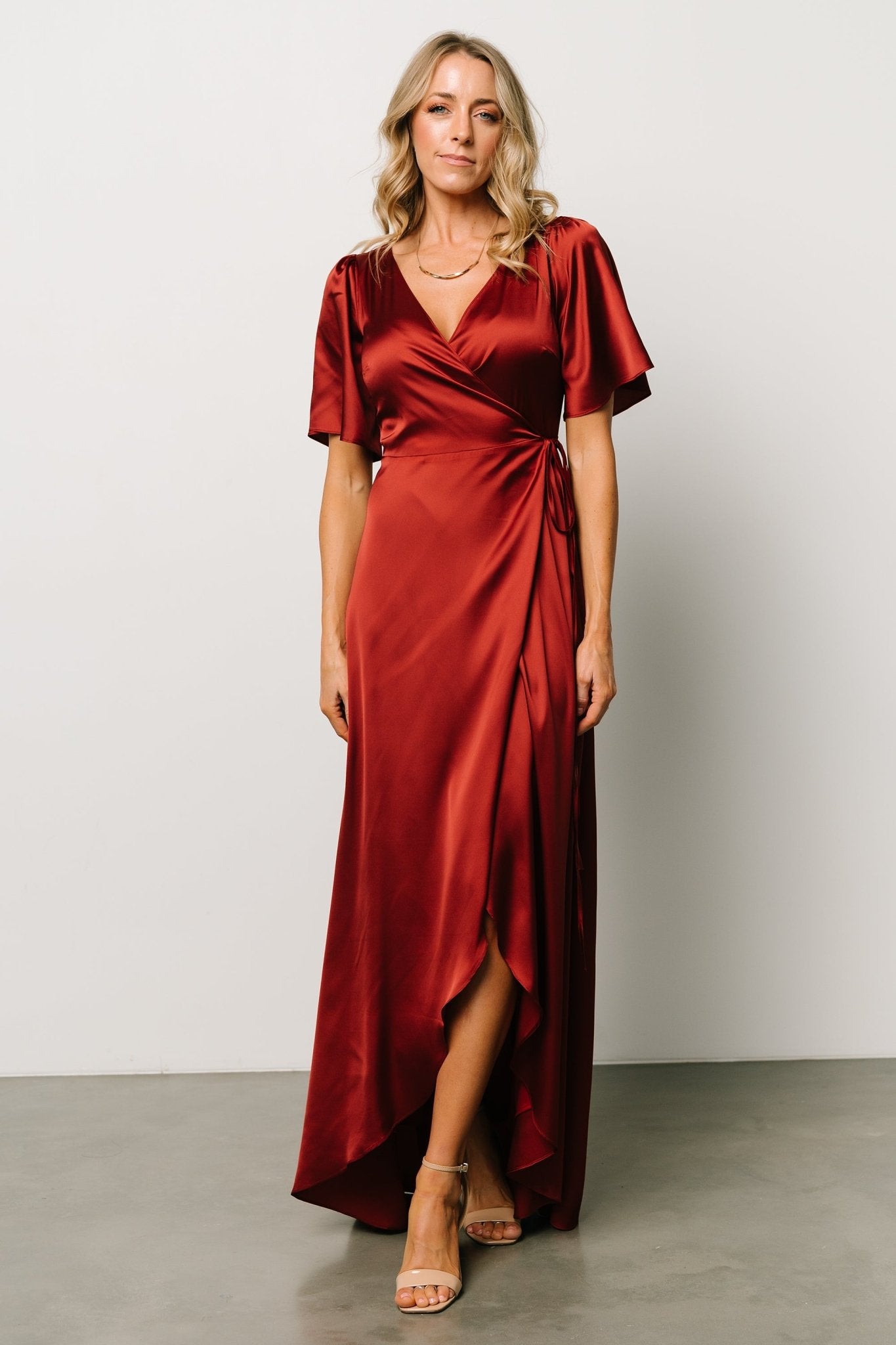 Terracotta Satin Maxi Wrap Dress by Baltic Born – Flutter Sleeves & Wrap Waist